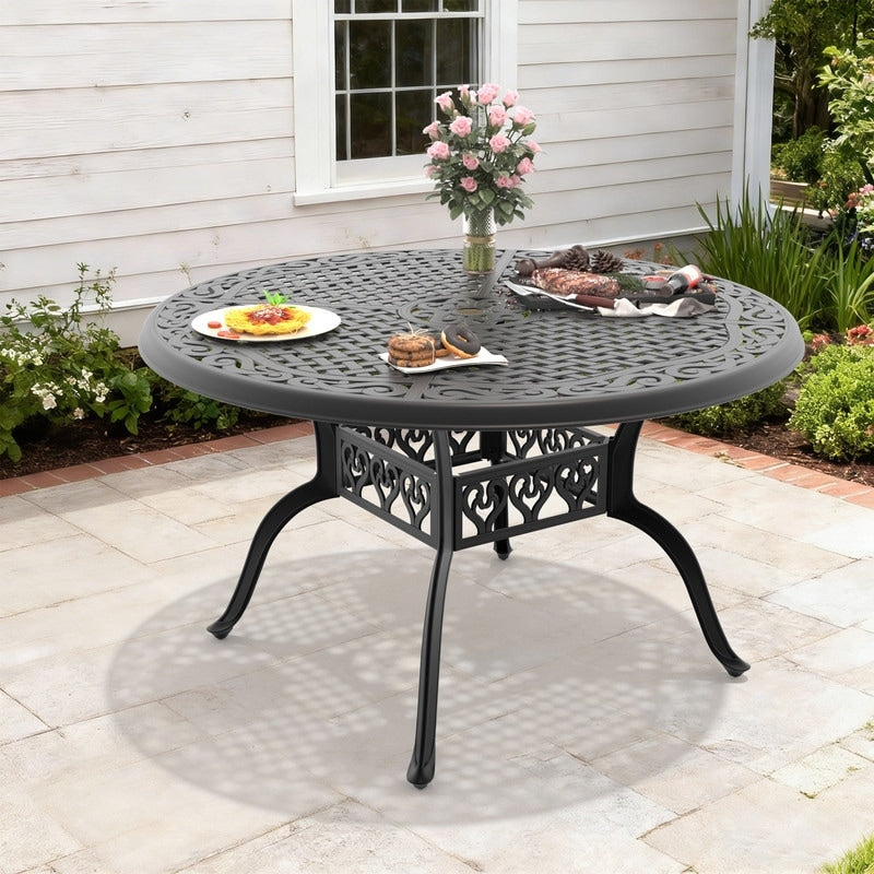 48.03 Inch Black Round Cast Aluminum Patio Table With Umbrella Hole