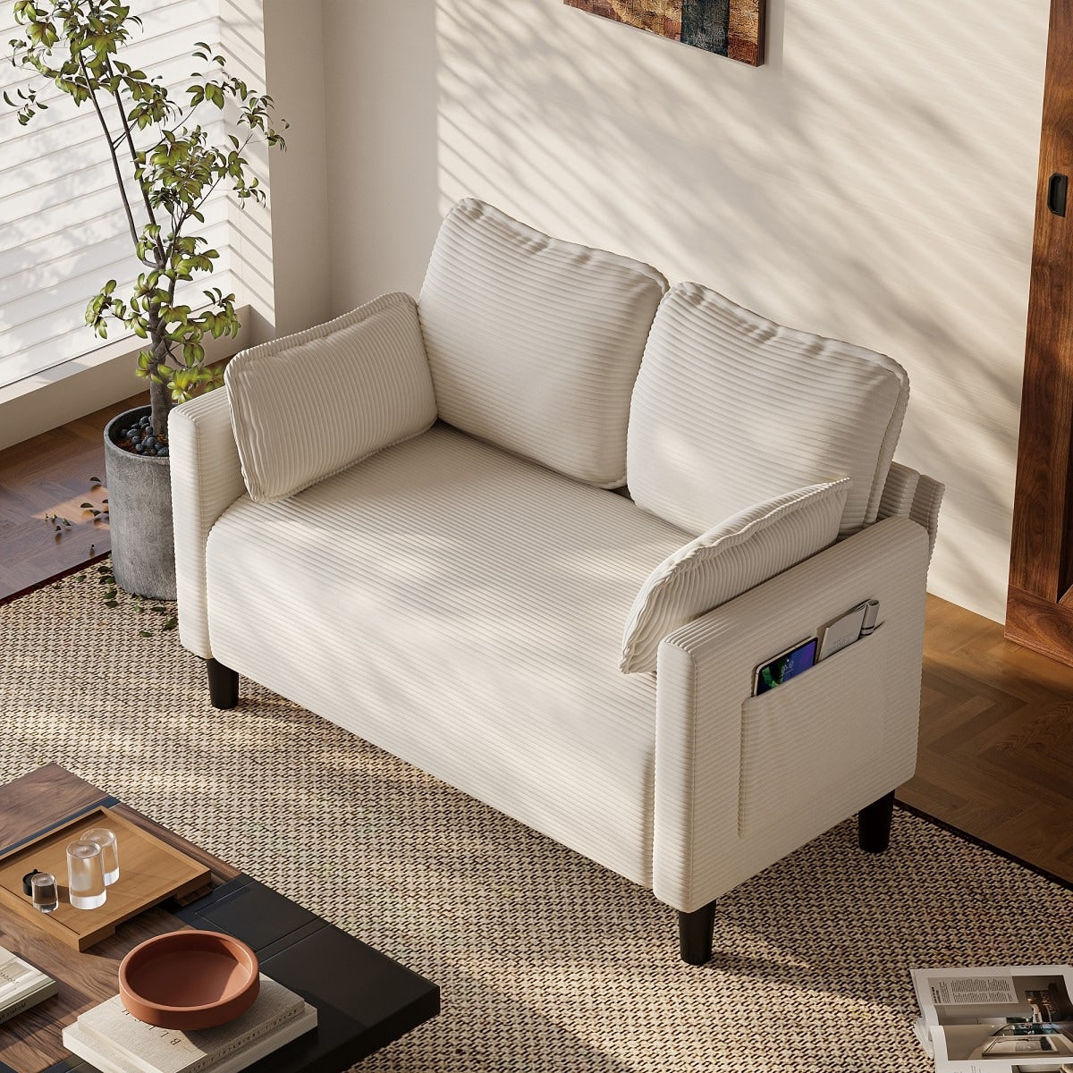 48.03 Soft Corduroy 2 Seater Sofa With Side Storage Pocket