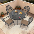 48.03In Round Black Cast Aluminum Outdoor Dining Table With Unbrella Hole 4 Outdoor Chairs With Brown Cushions 5 Piece Set