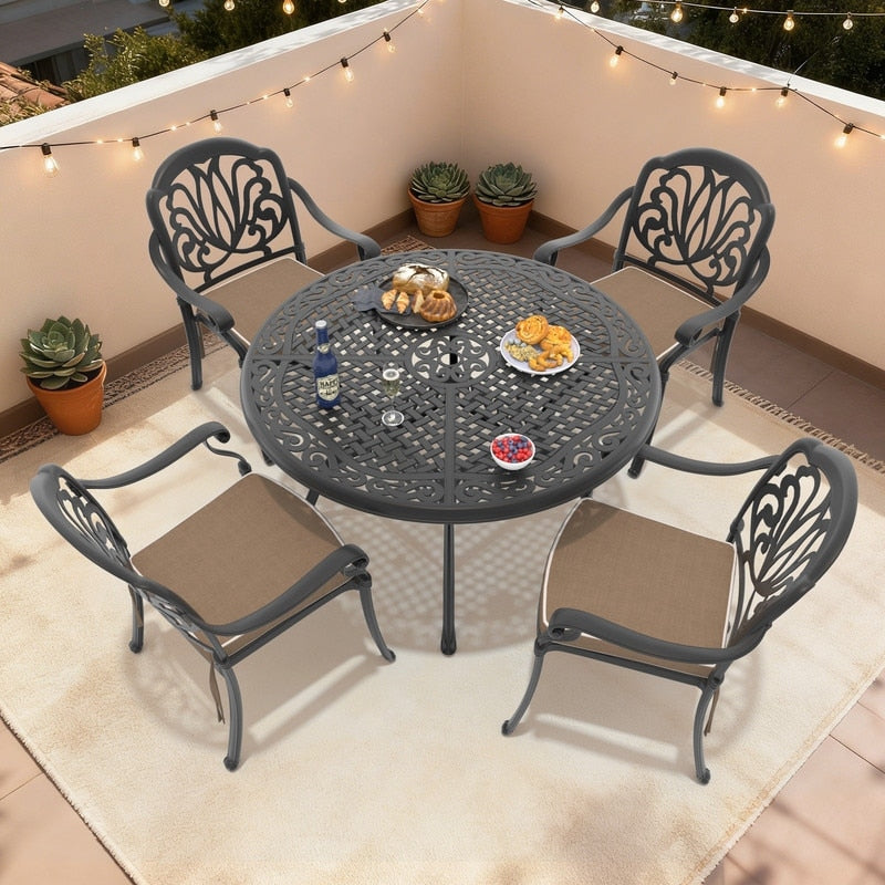 48.03In Round Black Cast Aluminum Outdoor Dining Table With Unbrella Hole 4 Outdoor Chairs With Brown Cushions 5 Piece Set