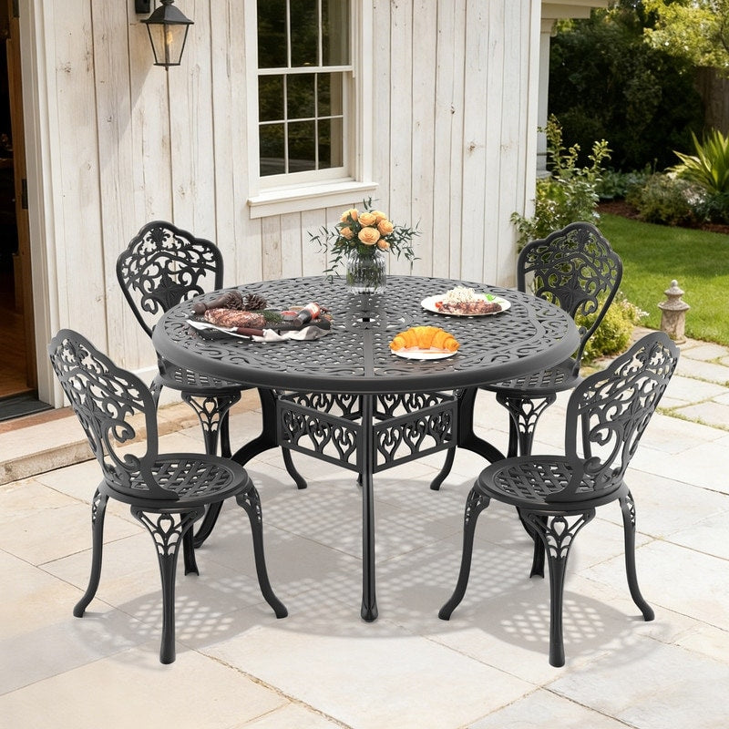 48.03In Round Black Cast Aluminum Outdoor Dining Table With Unbrella Hole 4 Outdoor Dining Chairs Without Cushion