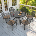 48.03In Round Black Cast Aluminum Outdoor Dining Table With Unbrella Hole 6 Outdoor Chairs With Brown Cushions 7 Piece Set