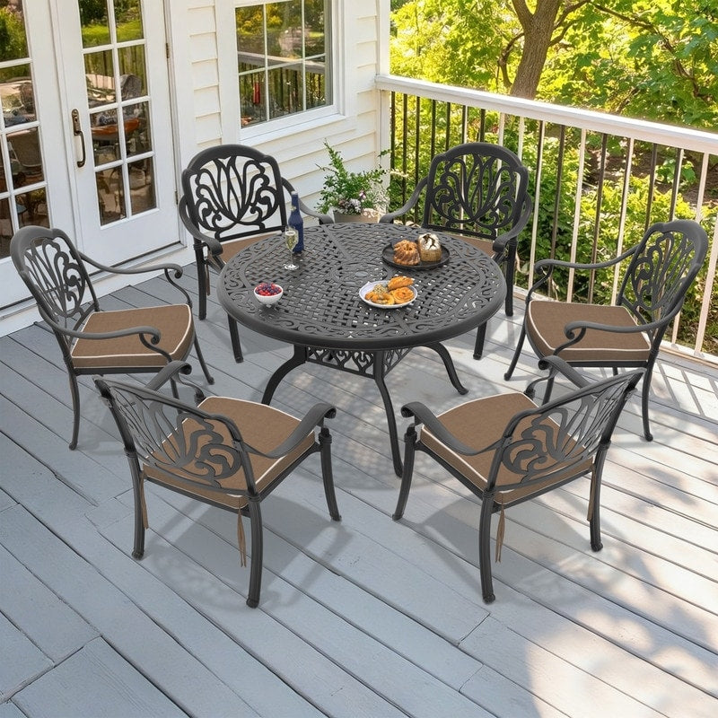 48.03In Round Black Cast Aluminum Outdoor Dining Table With Unbrella Hole 6 Outdoor Chairs With Brown Cushions 7 Piece Set
