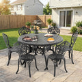 48.03In Round Black Cast Aluminum Outdoor Dining Table With Unbrella Hole 6 Outdoor Dining Chairs Without Cushion