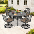 48.03In Round Cast Aluminum Outdoor Dining Table With Unbrella Hole And 4 Swivel Black Frame Outdoor Chairs With Brown Cushions