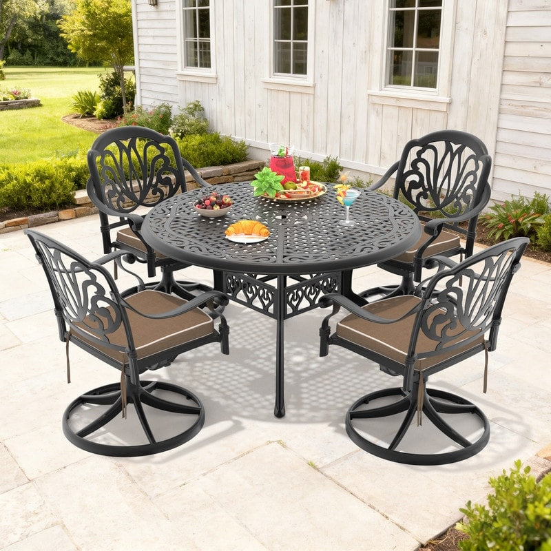 48.03In Round Cast Aluminum Outdoor Dining Table With Unbrella Hole And 4 Swivel Black Frame Outdoor Chairs With Brown Cushions