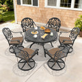 48.03In Round Cast Aluminum Outdoor Dining Table With Unbrella Hole And 6 Swivel Black Frame Outdoor Chairs With Brown Cushions