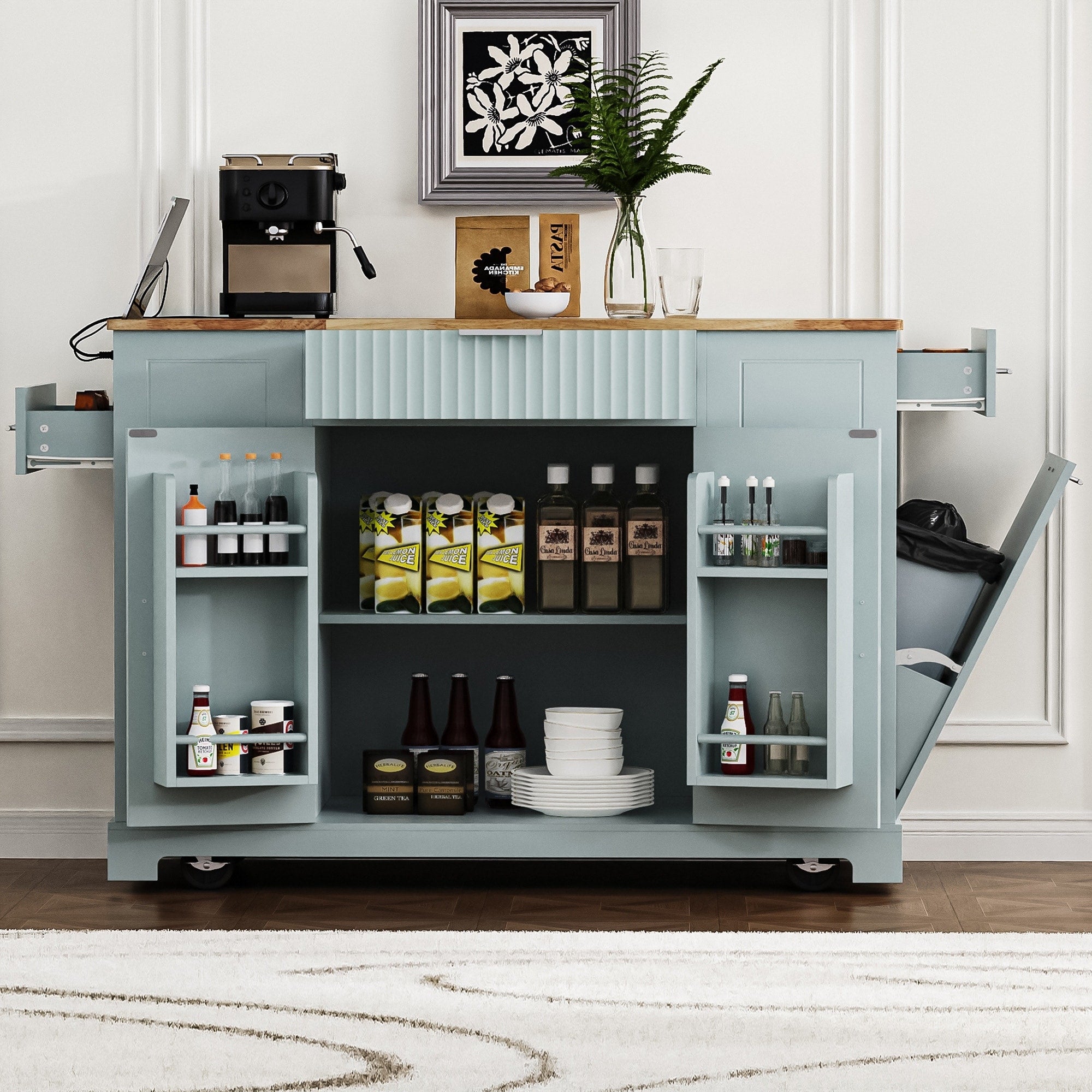 48.50 Fluted Kitchen Island With Power Outlet Rolling Wheels 3 Drawer 3 Open Side Racks And 10 Gallon Garbage Bin