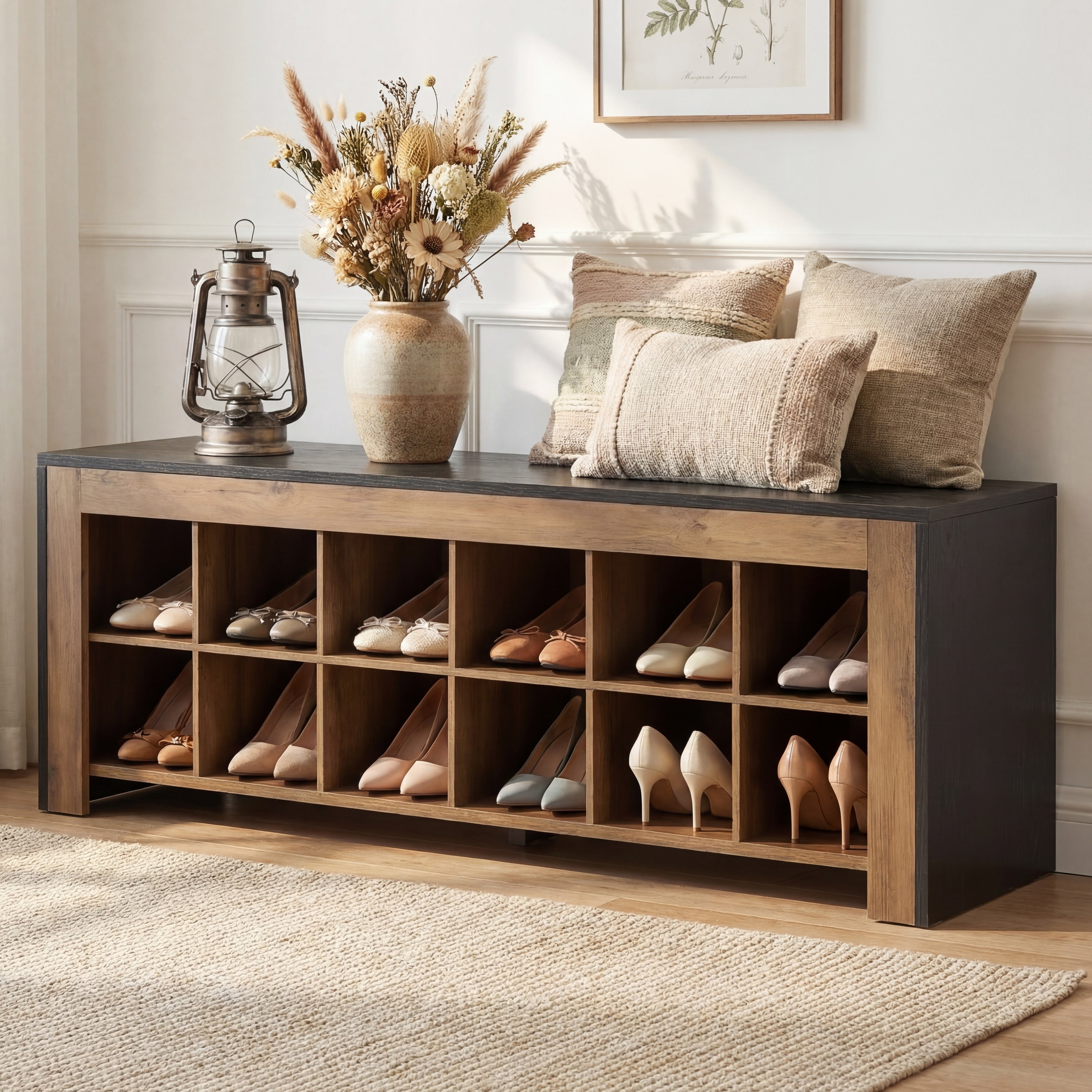 48.6 Inch Farmhouse Shoe Storage Bench With 12 Cubbies