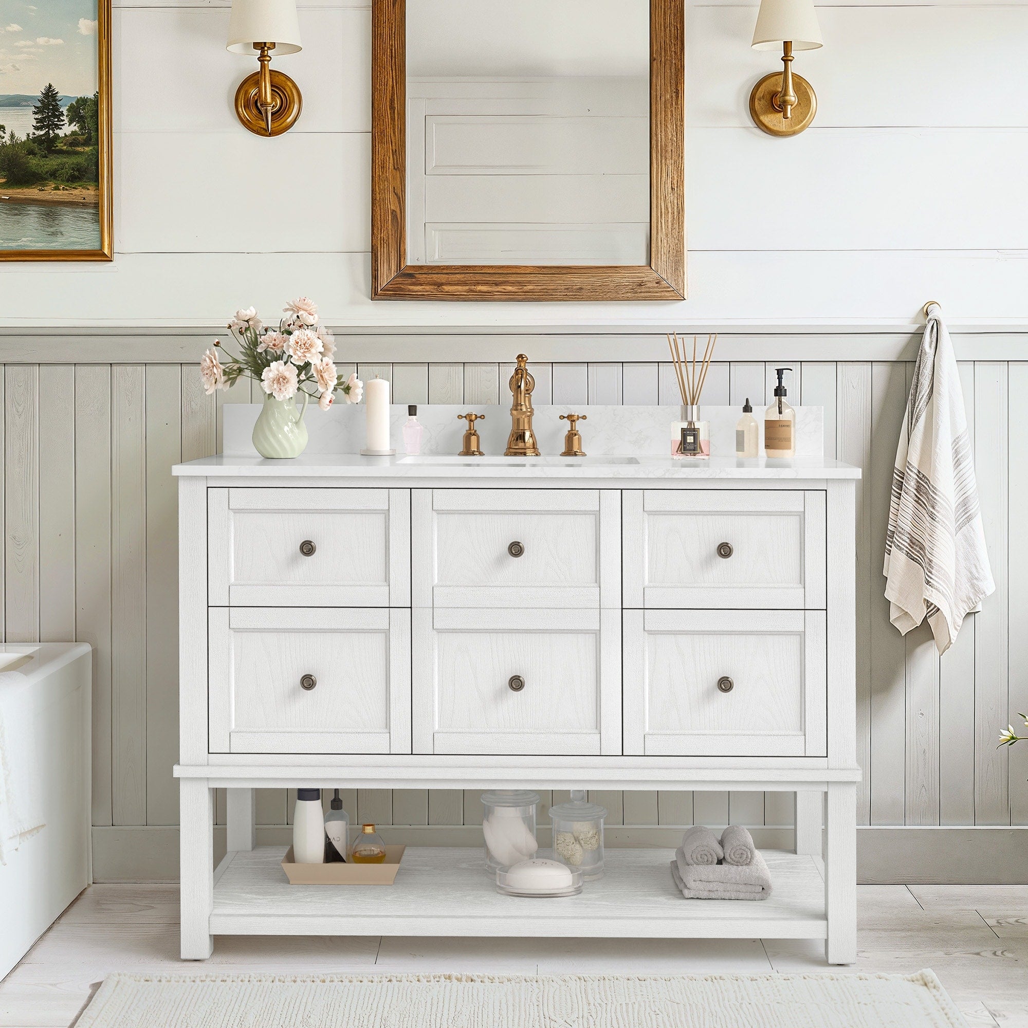 48 Bathroom Vanity With Sink Marble Countertop Single Bathroom Vanity With 6 Drawers White
