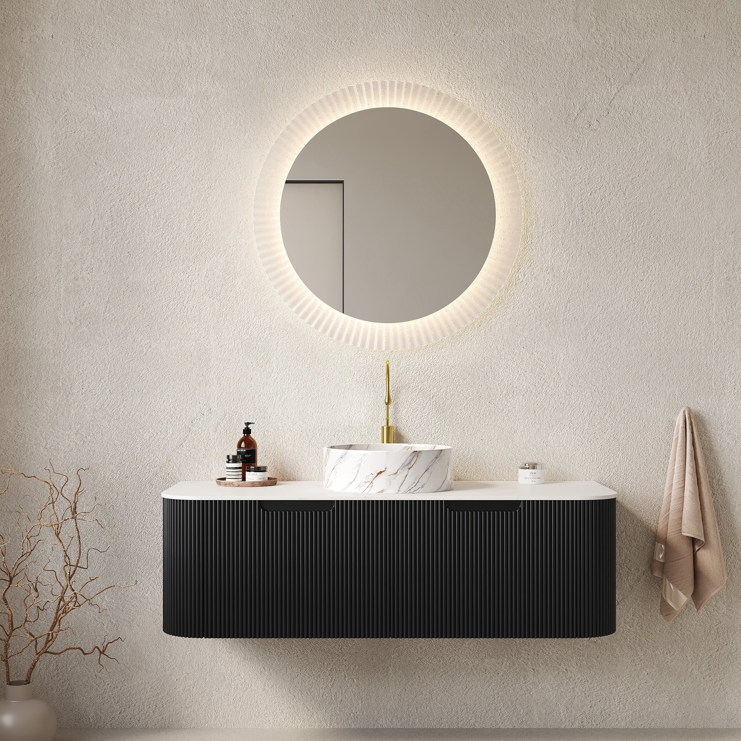 48 Bathroom Vanity With Sink Wall Mounted Bathroom Storage Cabinet With 2 Drawers Round Ceramic Basin With Stone Pattern