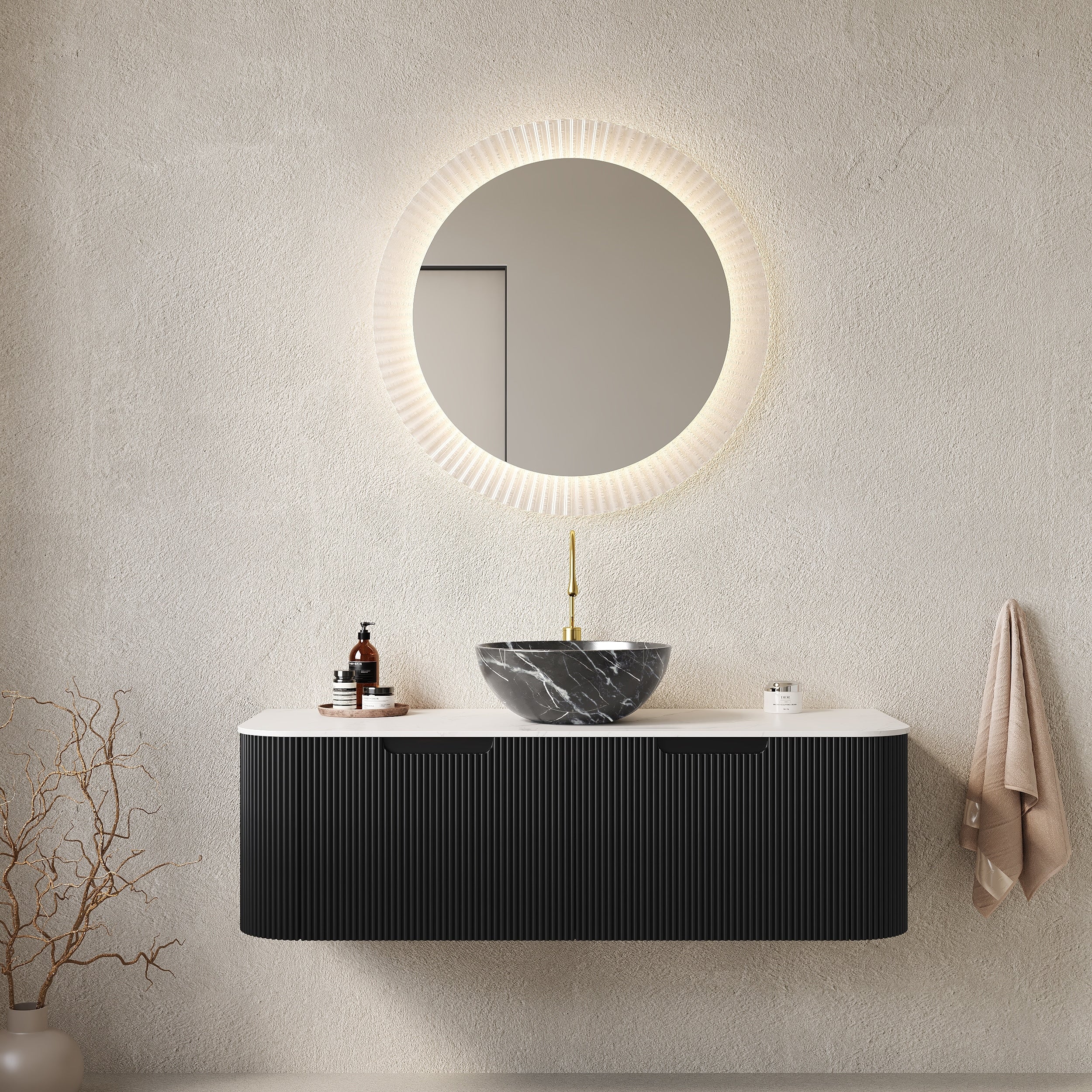 48 Bathroom Vanity With Sink Wall Mounted Floating Curved Edges Striped Bathroom Storage Cabinet With 2 Drawers Bowl Basin