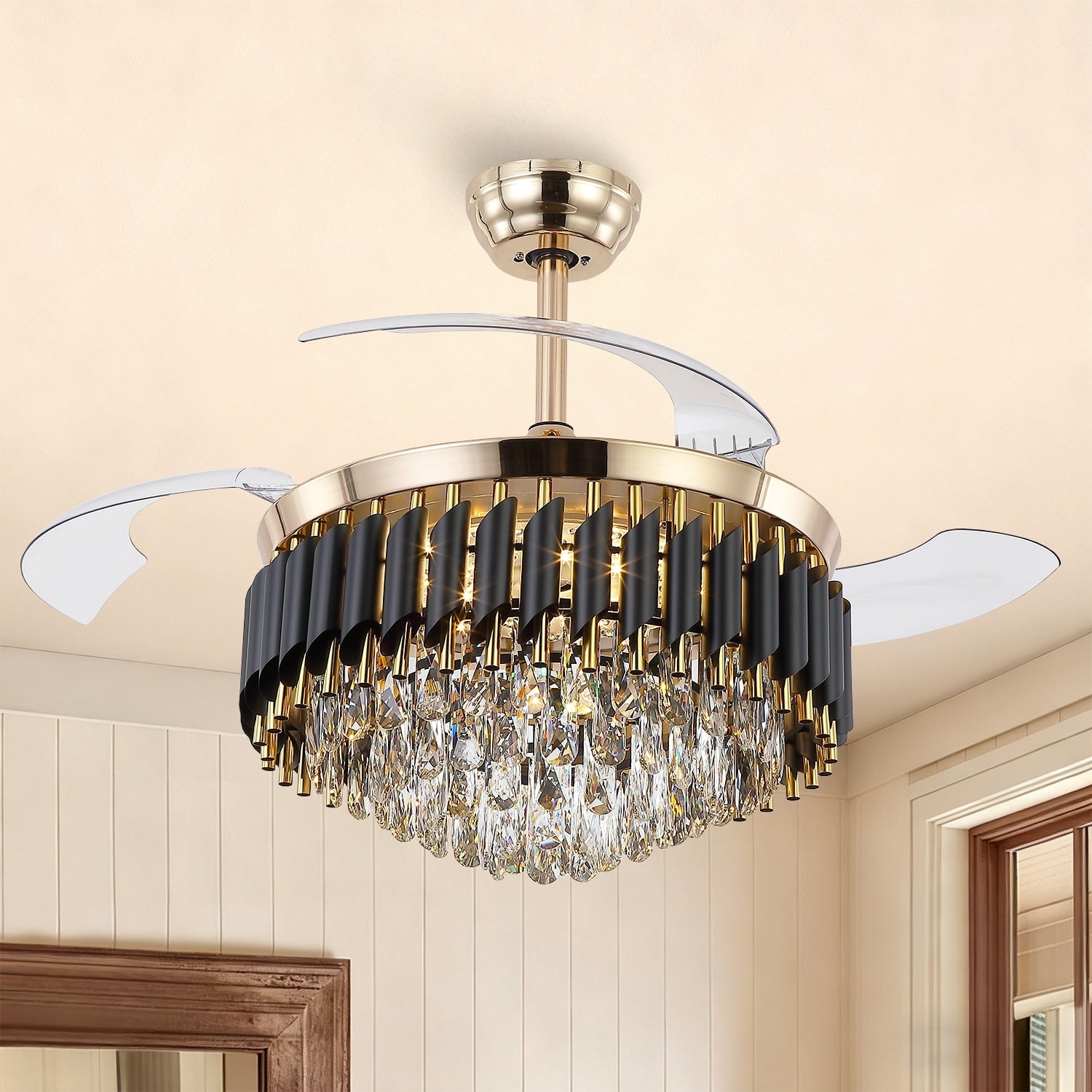 48 Crystal Fandelier Ceiling Fan With Light And Retractable Blades Led Dimmable For Bedroom Living Room 48 Inches
