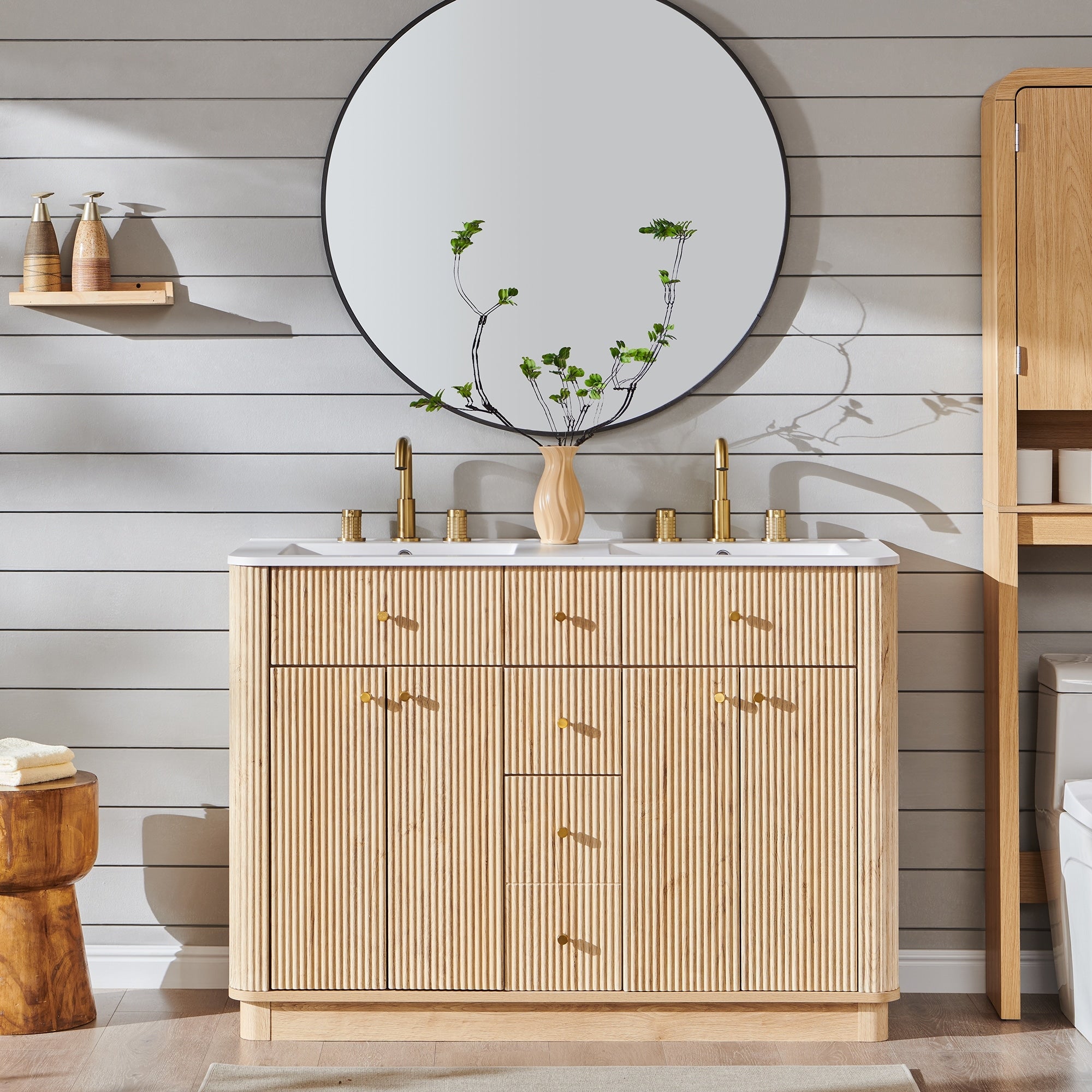 48 Fluted Bathroom Vanity With Large Double Sink 2 Storage Cabinets