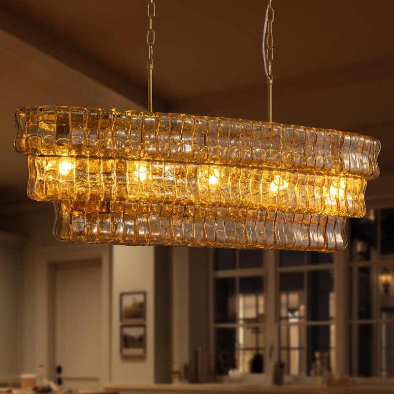 48 Gold Crystal Chandelier 8 Light Rectangle Chandelier With Amber Glass Large Drum Hanging Light Fixture For Kitchen Island