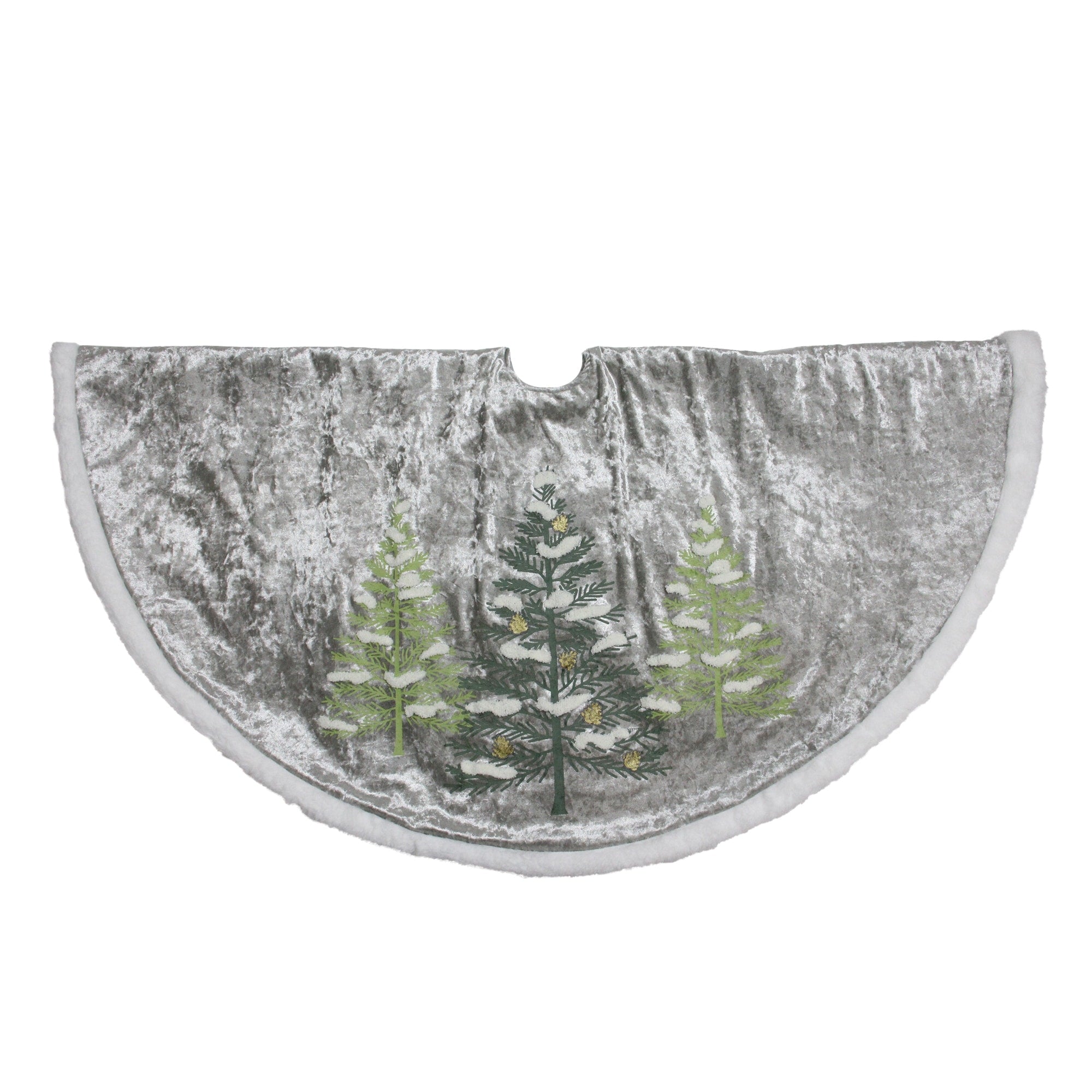 48 Gray Velour Christmas Tree Skirt With Green Trees And White Faux Fur Border N A