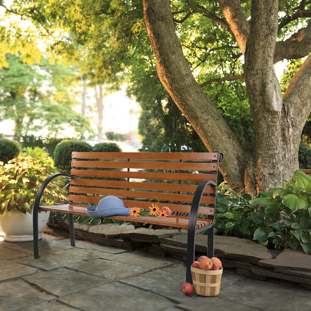 48 Hardwood Slotted Steel Cast Iron Frame Outdoor Patio Garden Bench Park Seat.