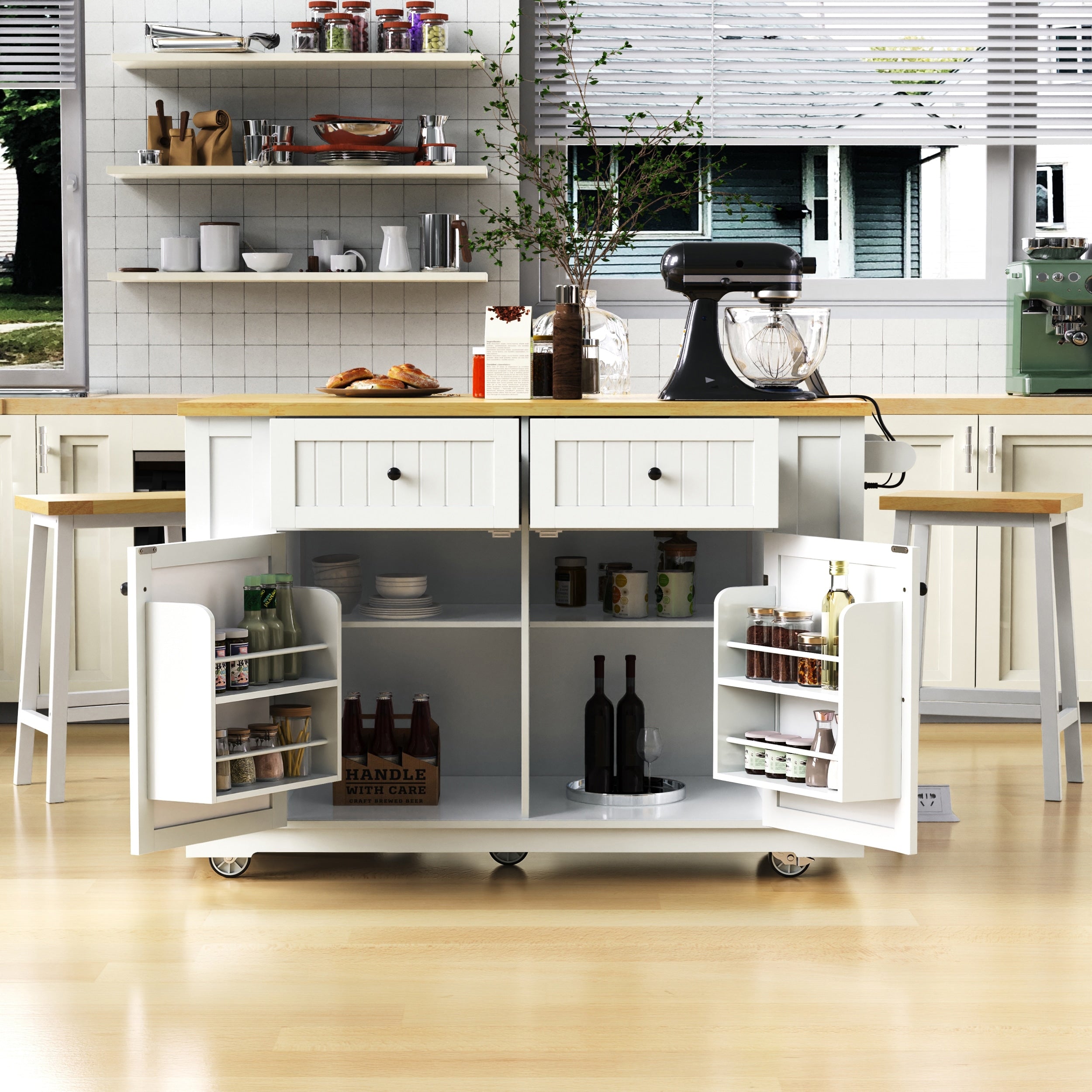 48 Kitchen Island With Drop Leaf Power Outlet Internal Storage Rack 5 Open Side Racks