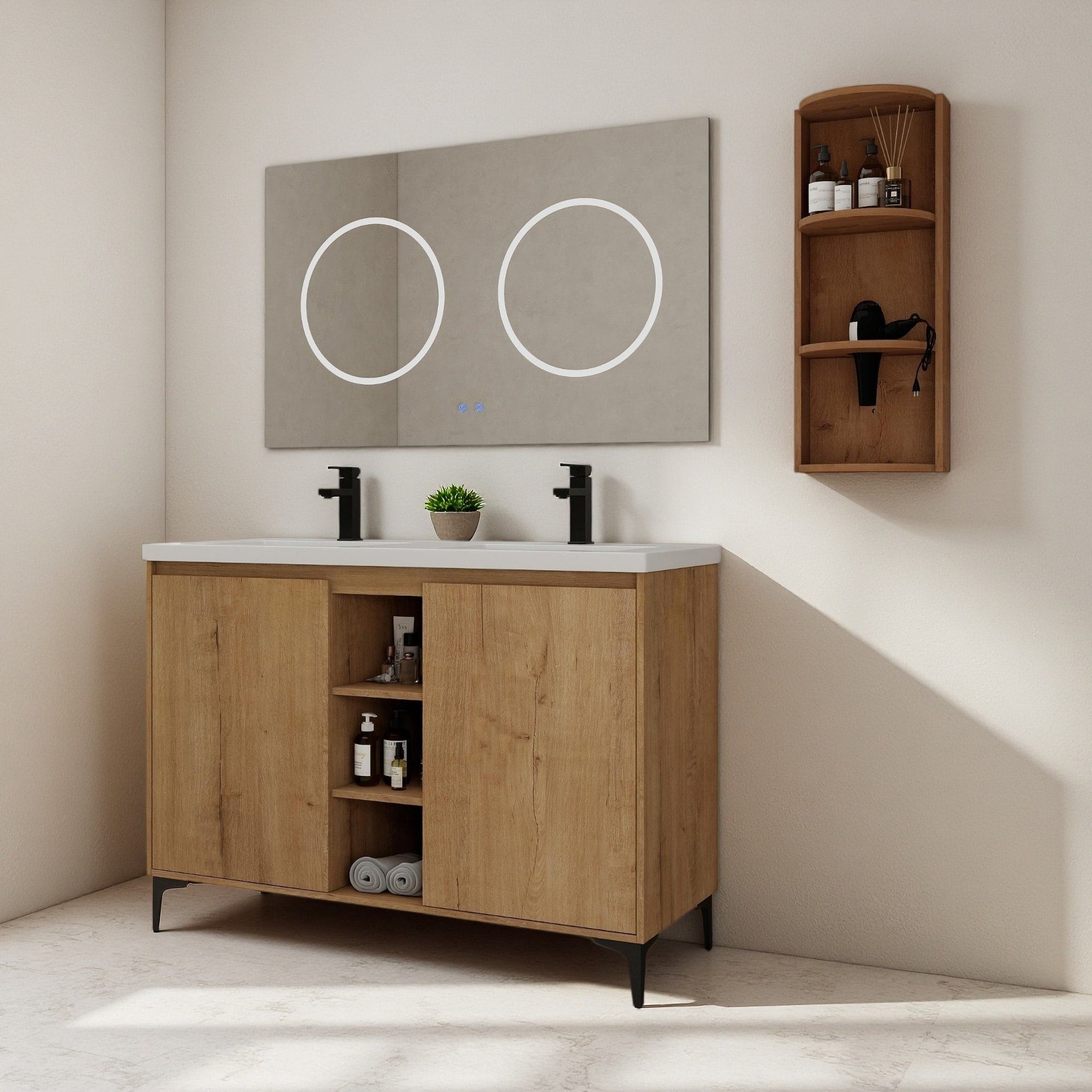 48 Plywood Water Resistant Freestanding Bathroom Vanity With Double Resin Sink Soft Close Doors