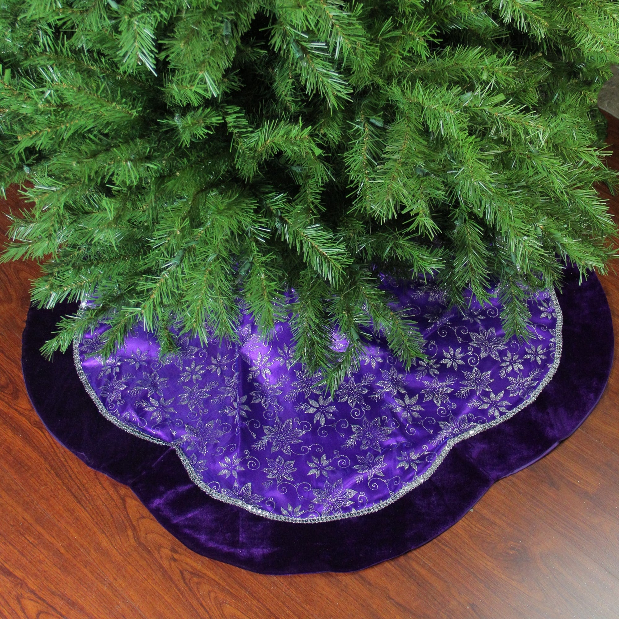 48 Purple And Silver Glittered Floral Christmas Tree Skirt With Velveteen Trim