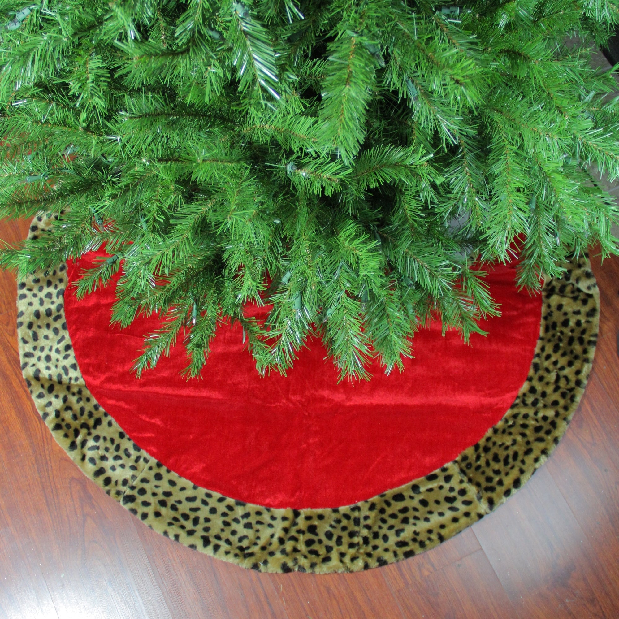 48 Diva Safari Red Velveteen With Plush Cheetah Print Christmas Tree Skirt