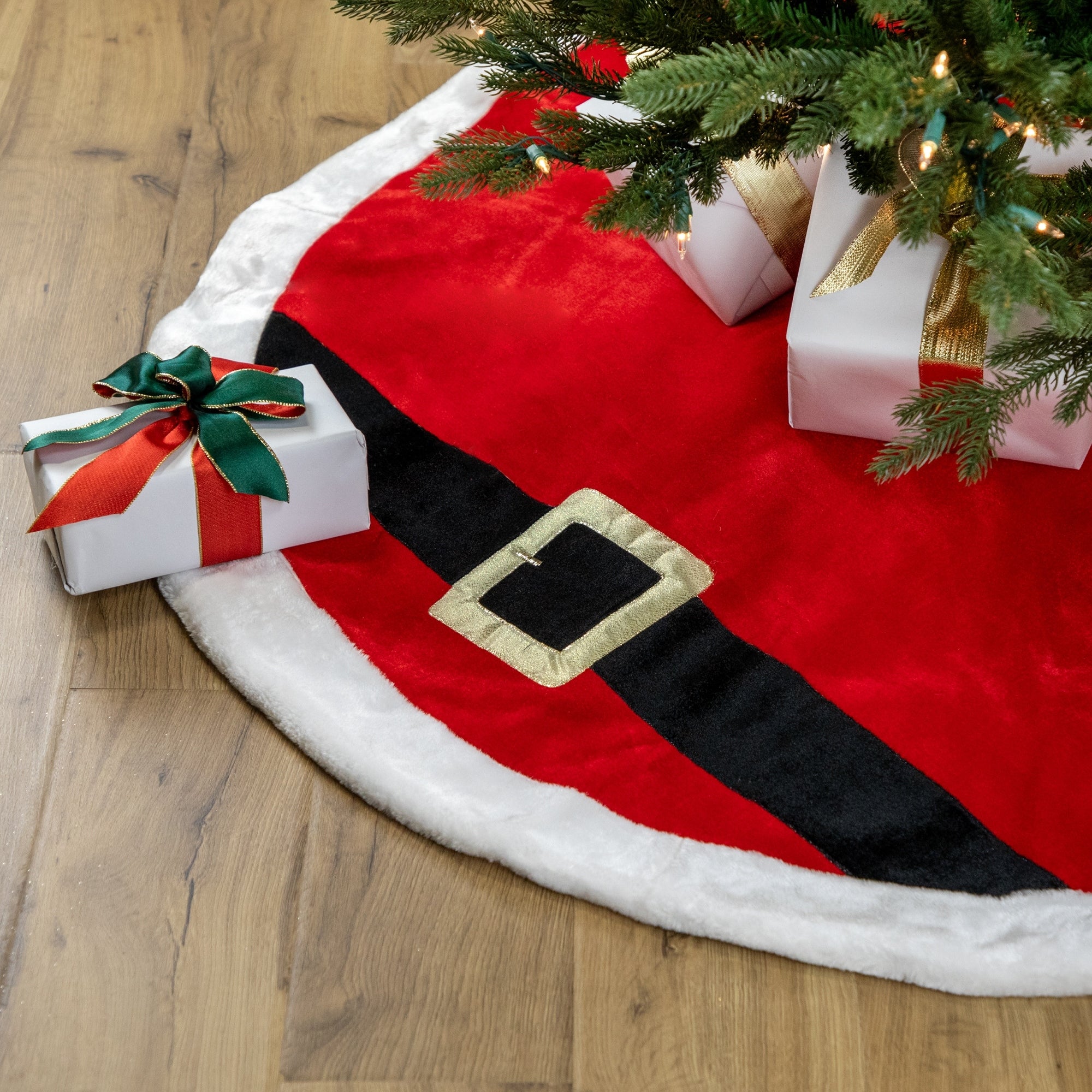 48 Traditional Red And White Velveteen Santa Claus Belt Buckle Christmas Tree Skirt
