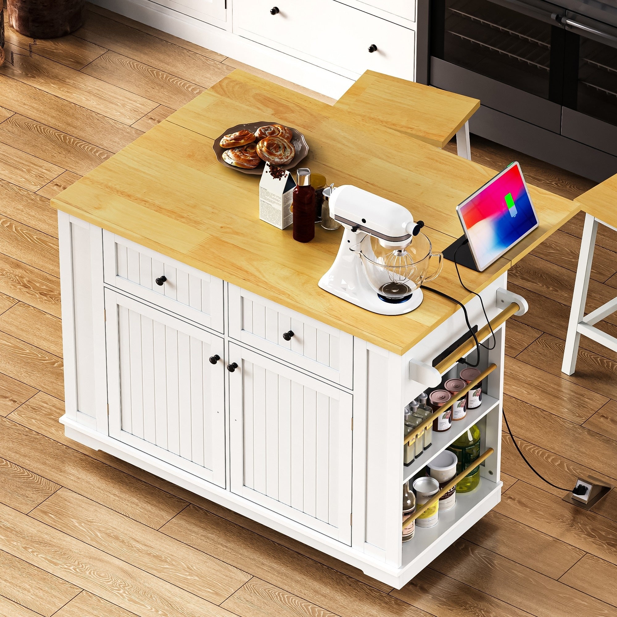 48 Rolling Kitchen Island With Barn Doors Charging Station White Kitchen Cart With Drop Leaf Adjustable Shelves
