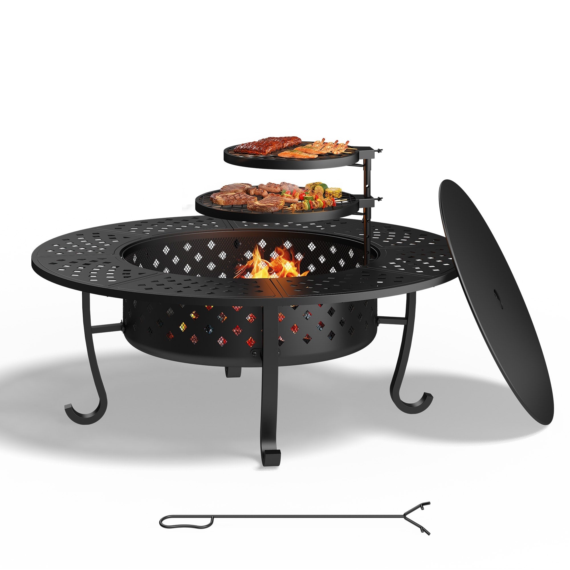 48 Round Wood Burning Fire Pit With Adjustable Dual Rotating Grill Grates