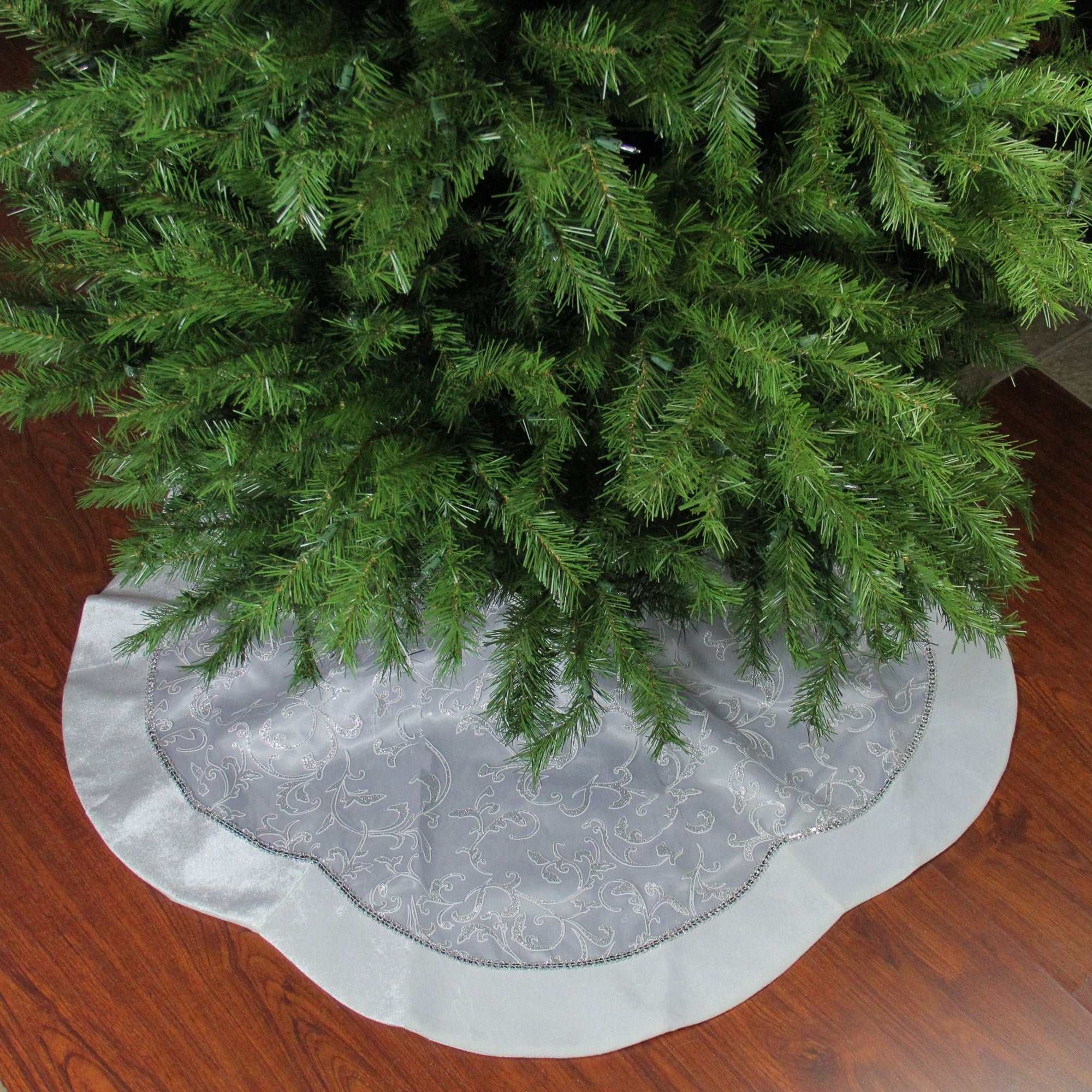 48 Silver And White Flourish Christmas Tree Skirt With Velveteen Trim