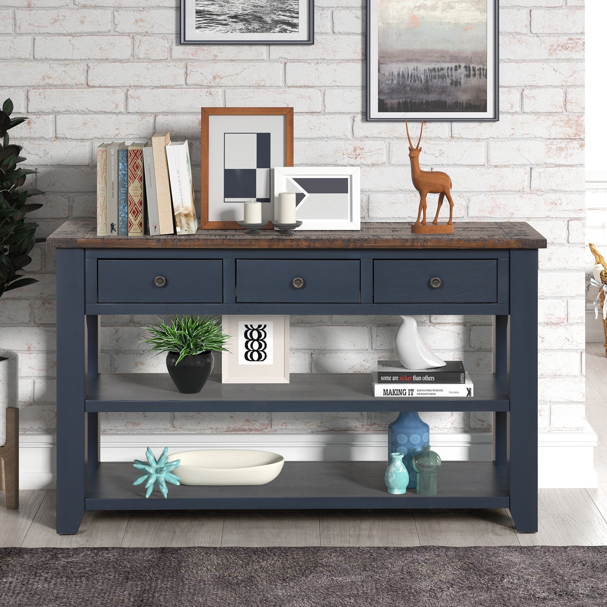48 Solid Pine Wood Top Console Table Modern Entryway Sofa Side Table With 3 Storage Drawers And 2 Shelves