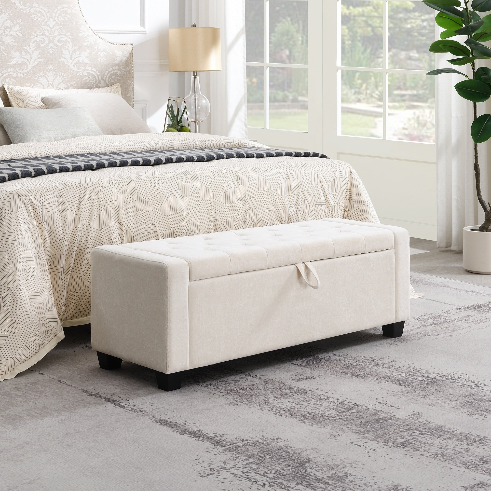 48 Upholstered Storage Ottoman Bench With Button Tufted Diamond Stitch