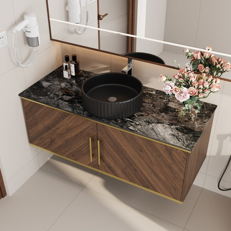 48 Wall Mounted Bathroom Vanity Faux Marble Top Walnut Floating Cabinet