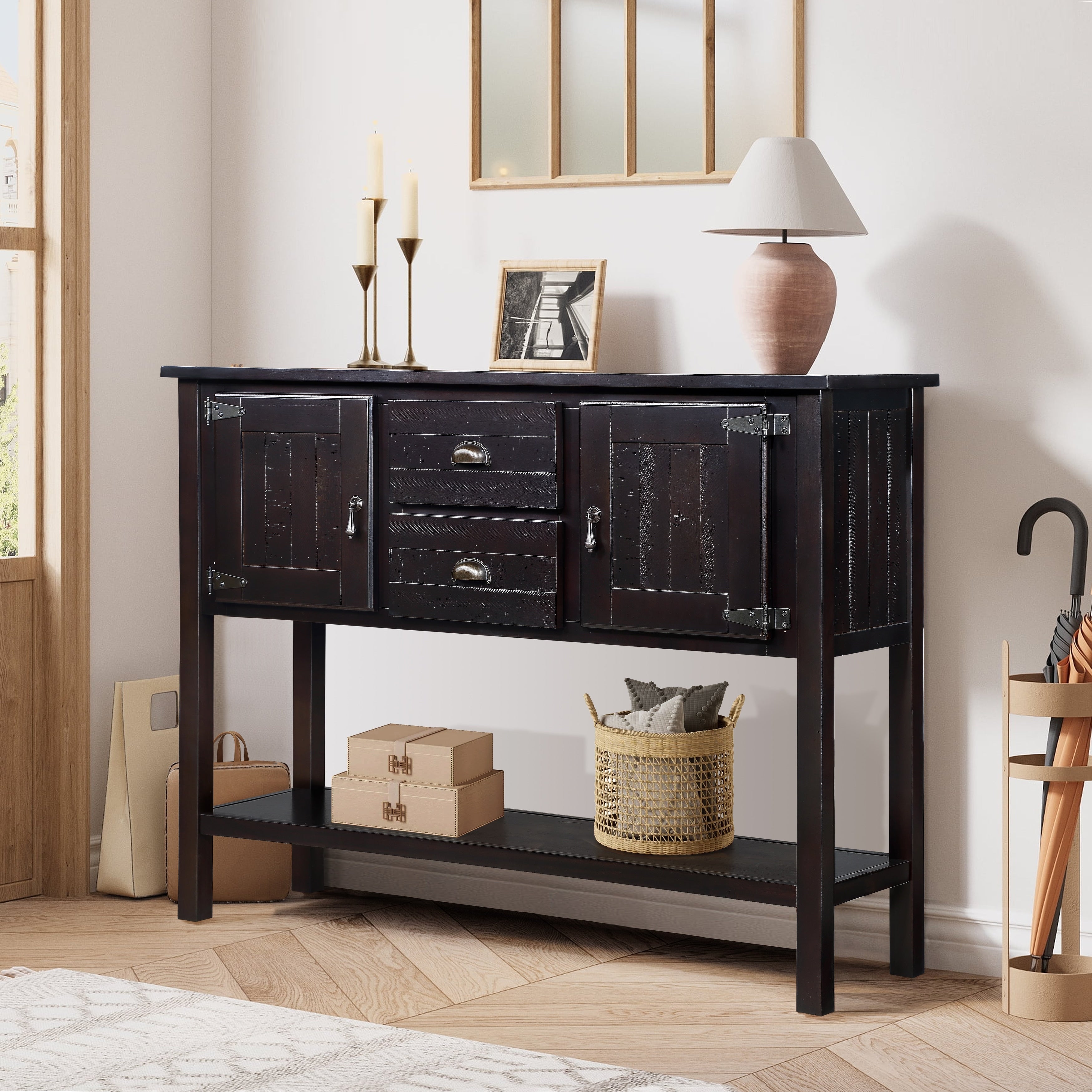 48 Wood Sideboard Console Table With 2 Drawers Cabinets Bottom Shelf