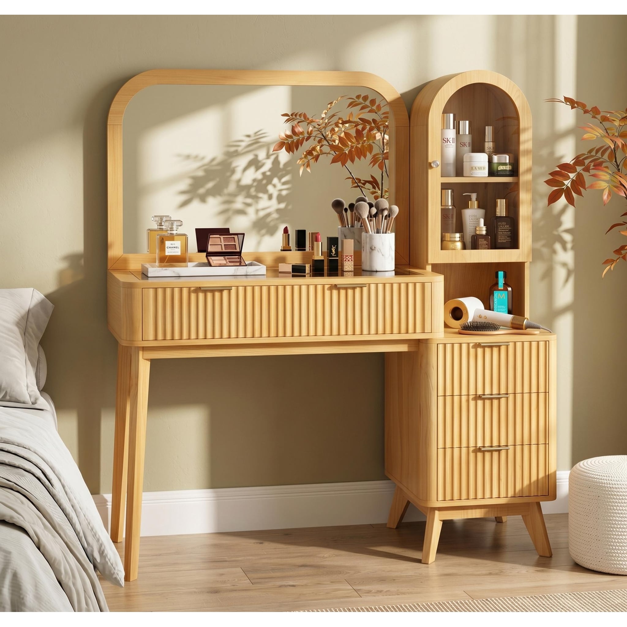 48 Fluted Makeup Vanity Desk With Large 32 Mirror Modern Glass Top Big Vanity Table With 4 Drawers Storage Cabinet