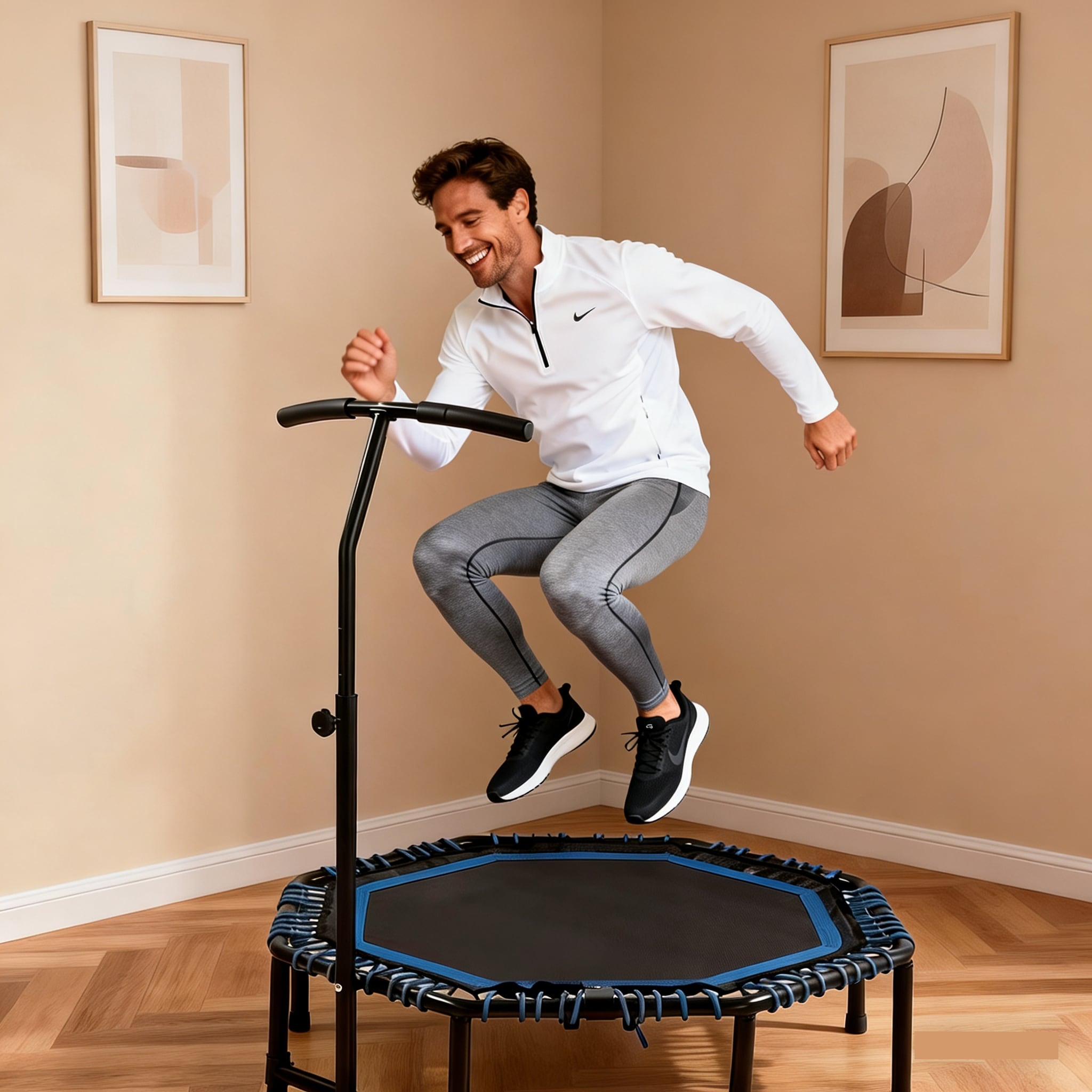 48 Foldable Fitness Trampoline With Adjustable Handlebar For Adults Max Load 450Lbs With Durable Bungee Ropes Stable Quiet