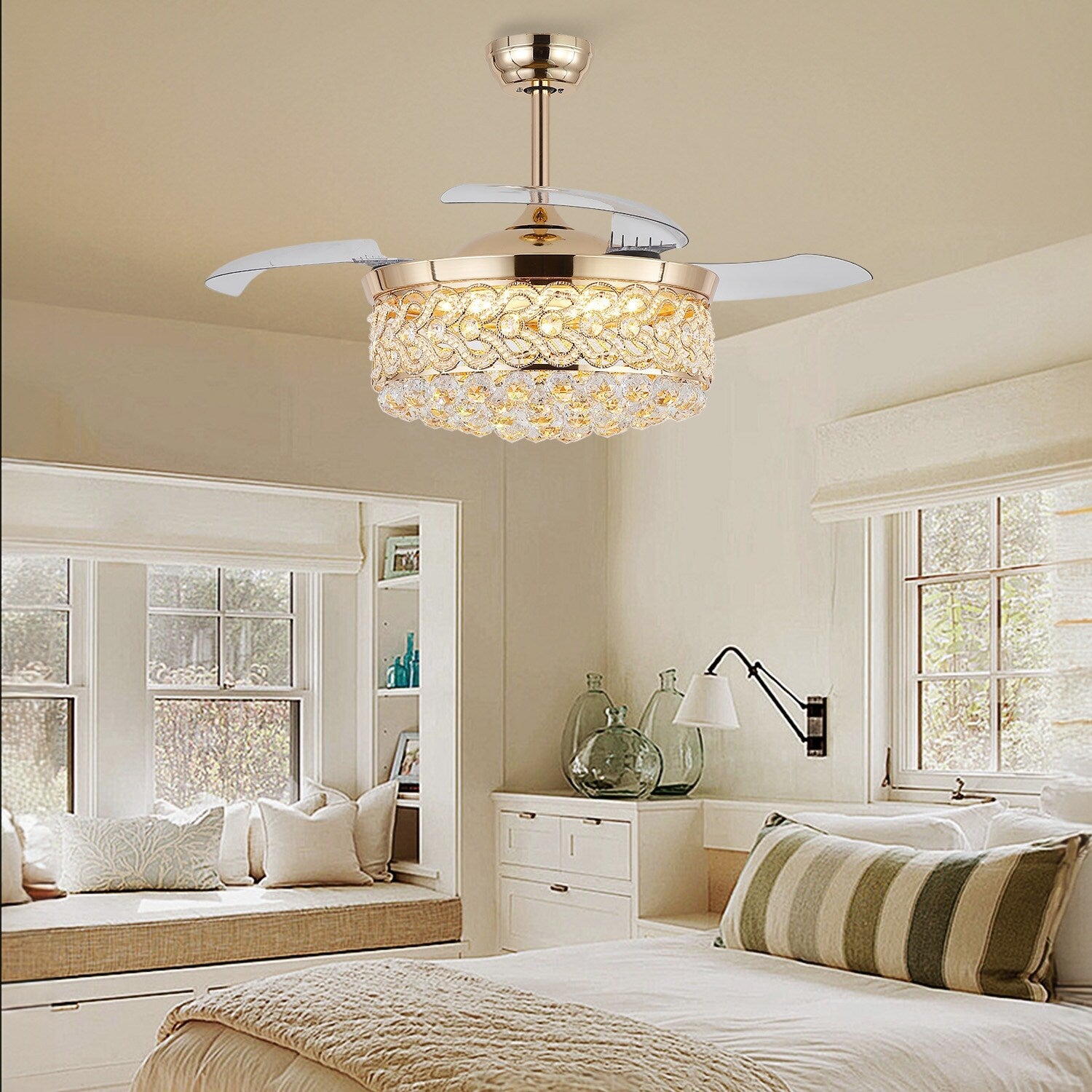 48 Retractable Ceiling Fan With Lights And Remote 6 Speed 3 Light Change Retractable Blade Chandelier Ceiling Fan