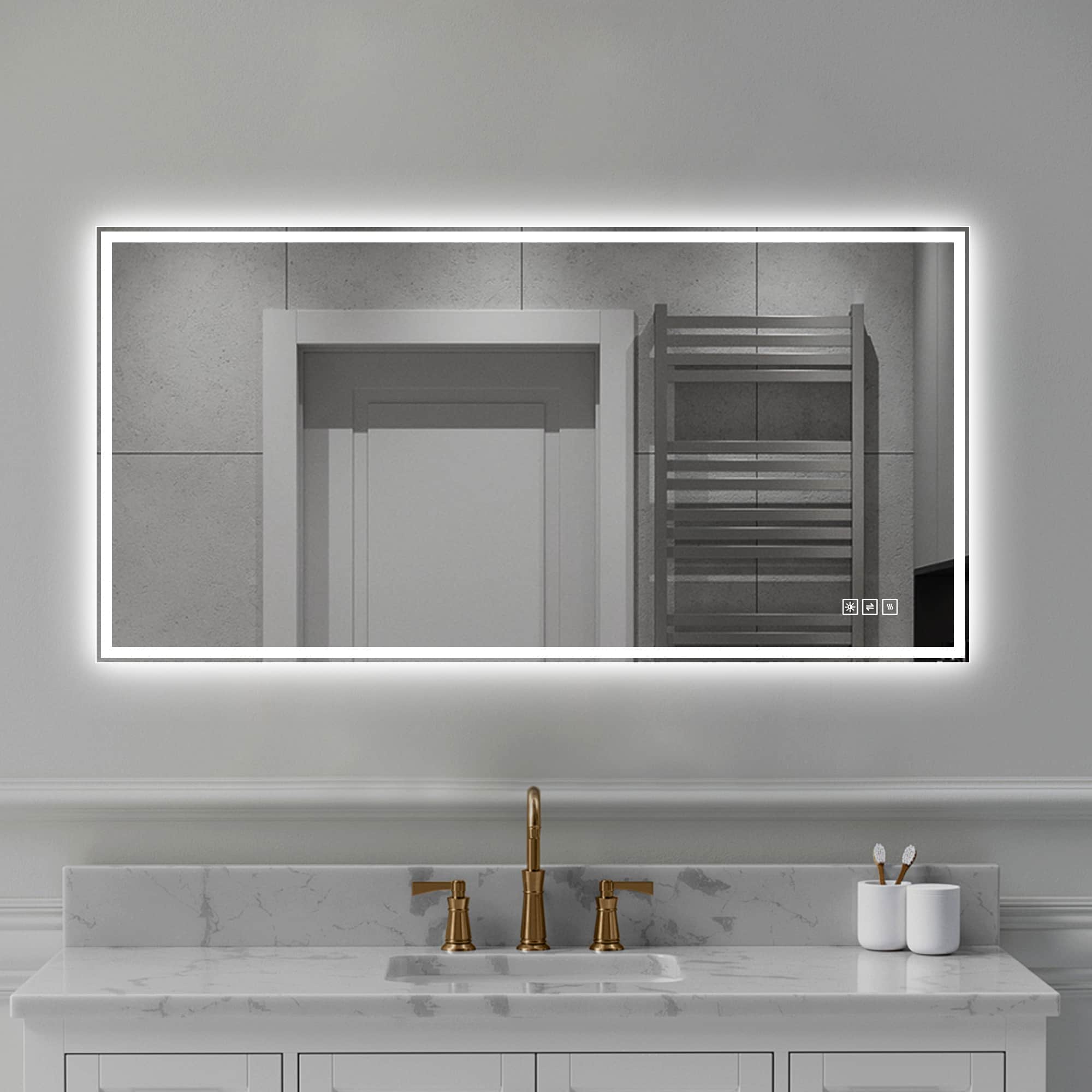 48In.X24In.Led Bathroom Vanity Wall Mirror With Straight Edge Design Frosted Glass Finish Anti Fog Copper Free Silver Glass