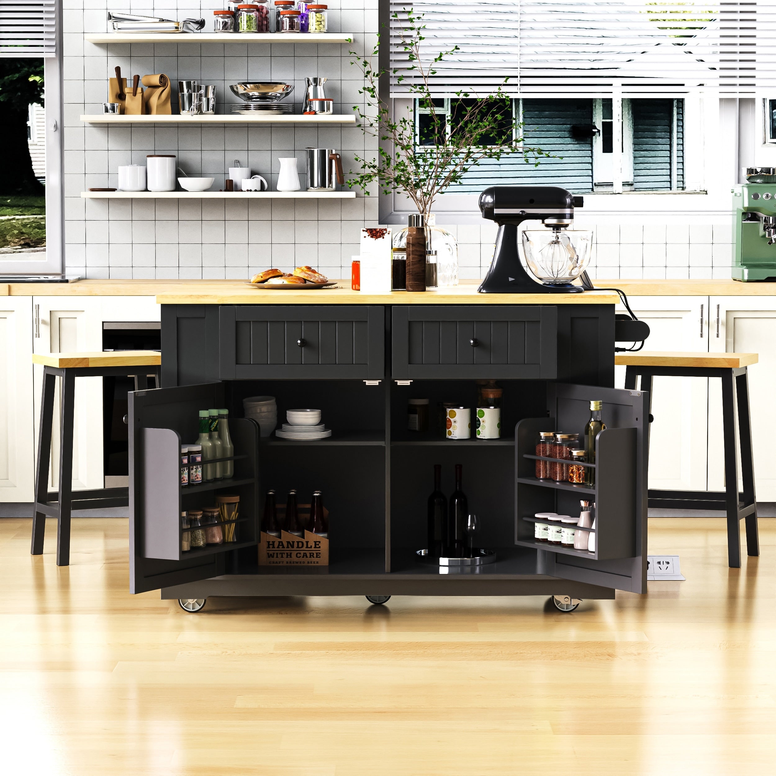 48Inch Large Kitchen Island Power Outlet With 2 Bar Stools And 2 Drawers