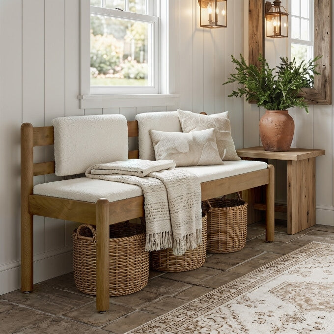 49 Solid Wood Backrest Entryway Bench White Cushion End Of Bed Bench