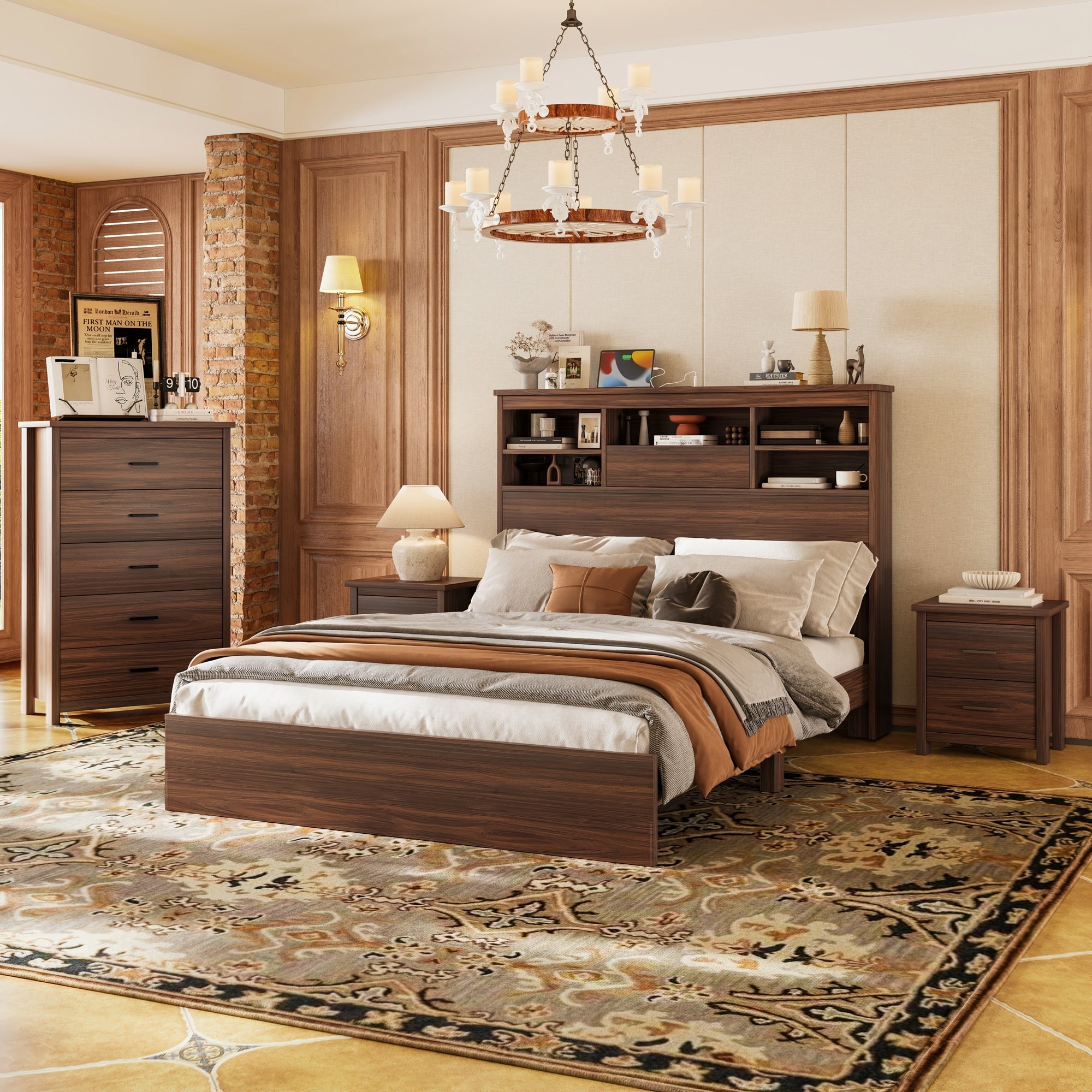 Queen 4Pcs Wooden Bedroom Set With Storage Headboard And Charging Station