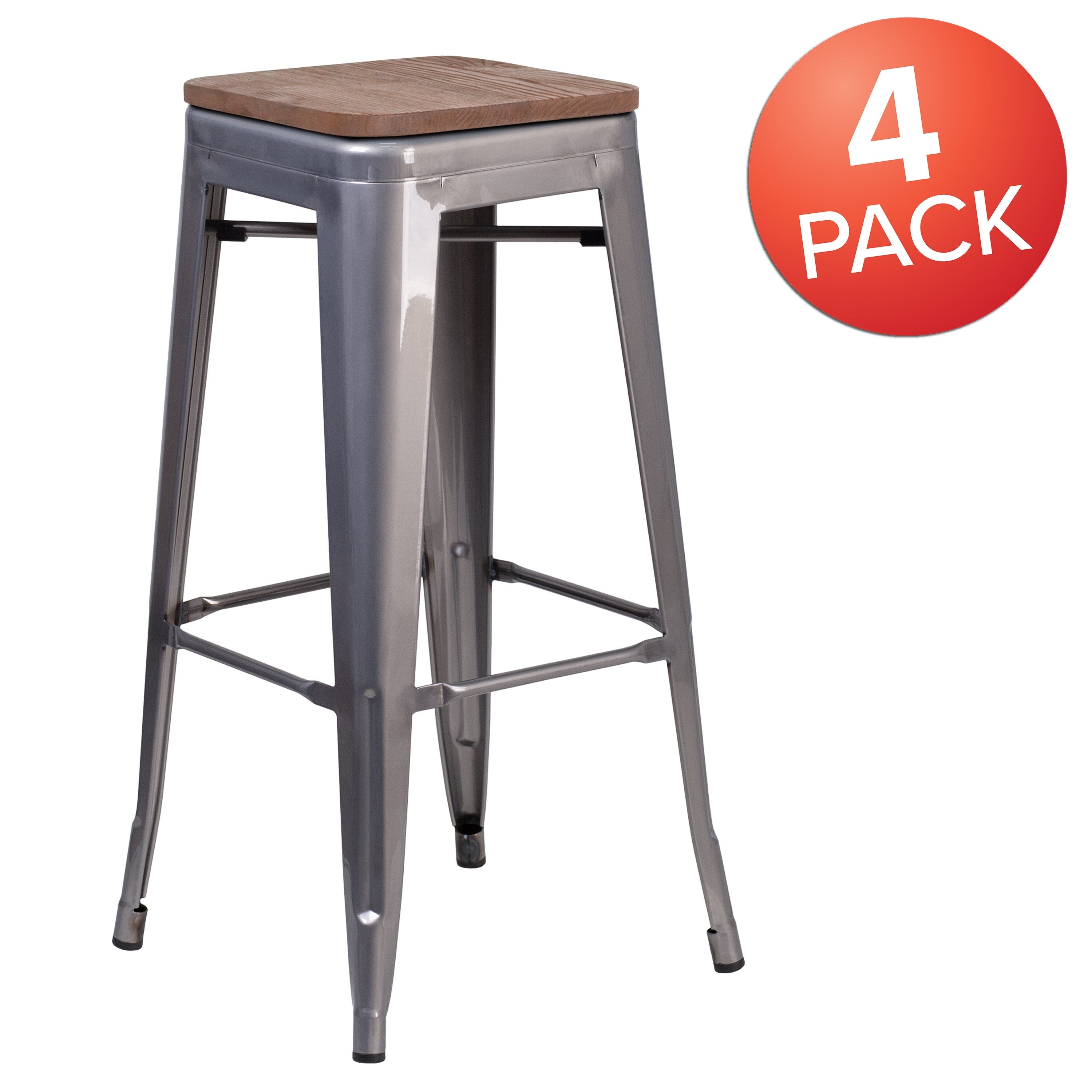 4 Pk. 30 High Backless Metal Barstool With Square Wood Seat