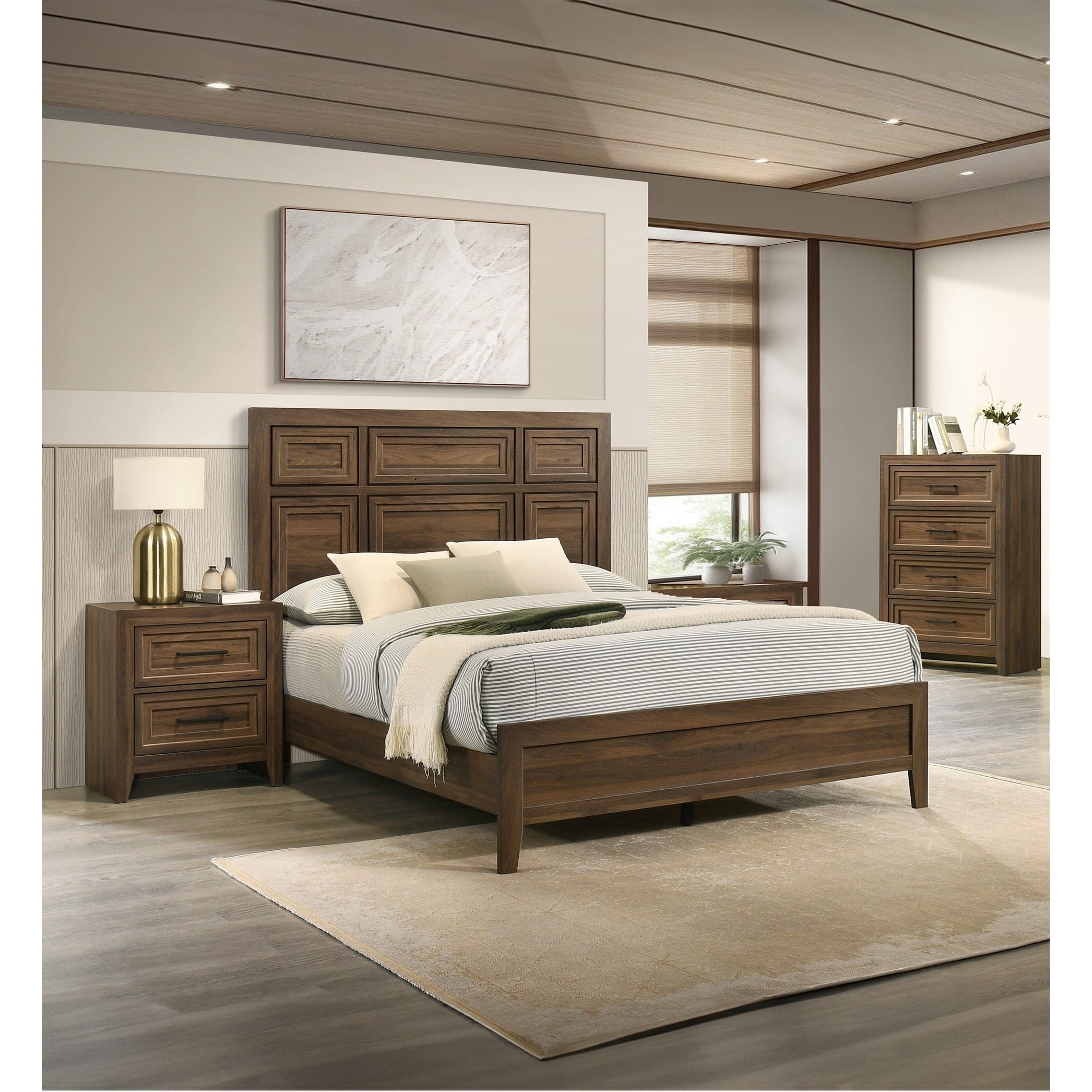 4Pc Brown Architectural Paneling Bed Chest 2X Nightstand Wooden Bedroom Furniture Set