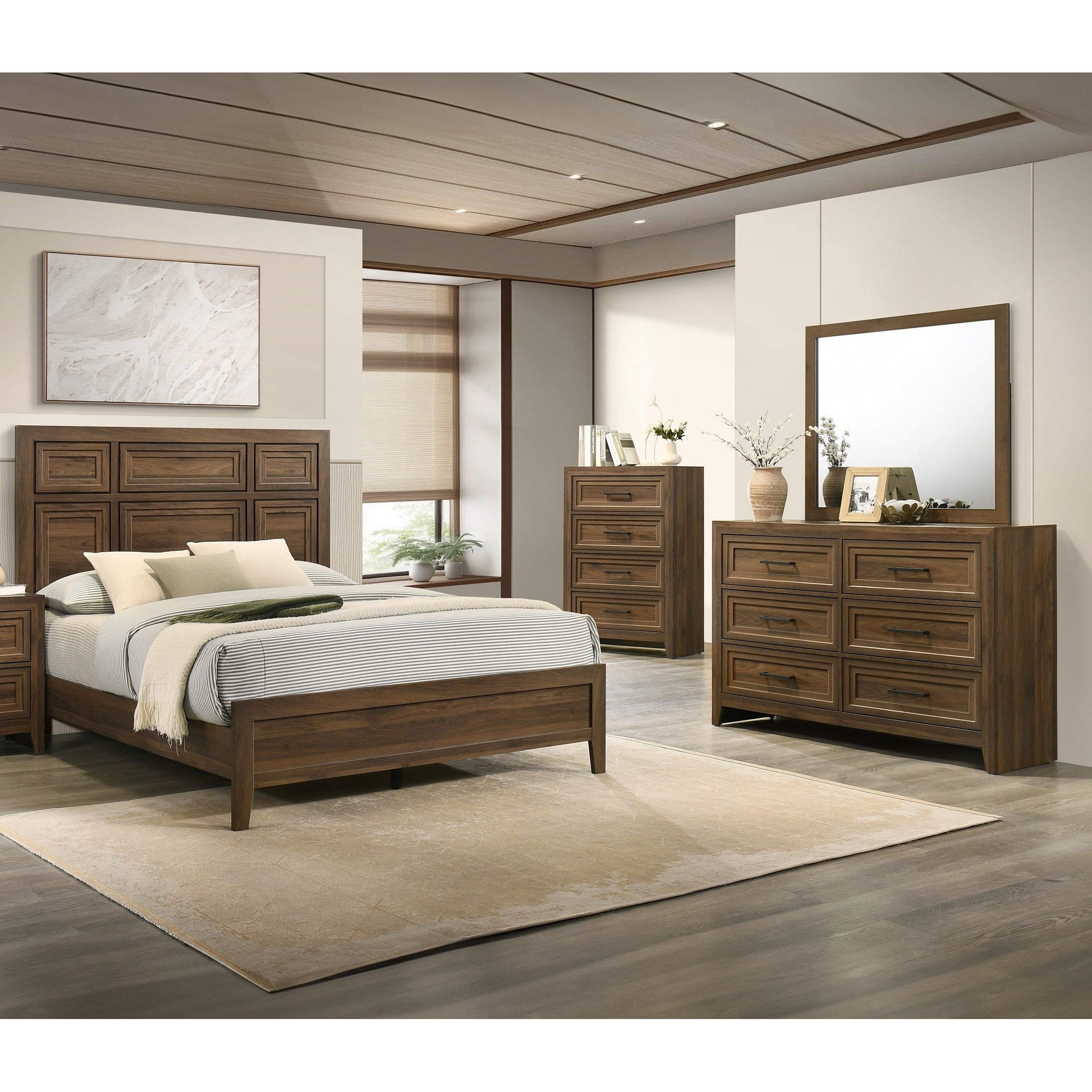 4Pc Brown Architectural Paneling Bed Dresser Mirror Chest Wooden Bedroom Furniture Set