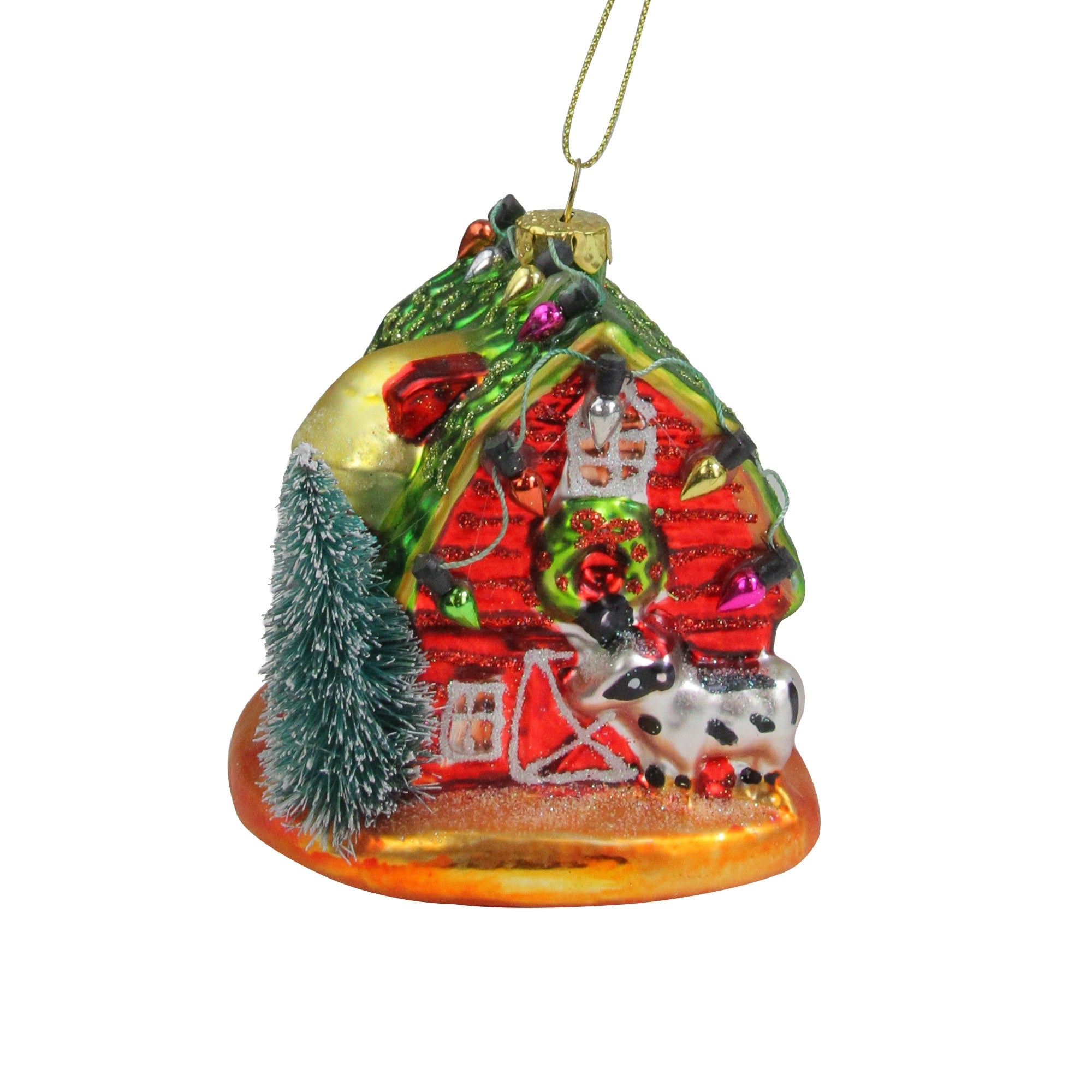 4 Festive Red Barn With Green Roof Glass Christmas Ornament