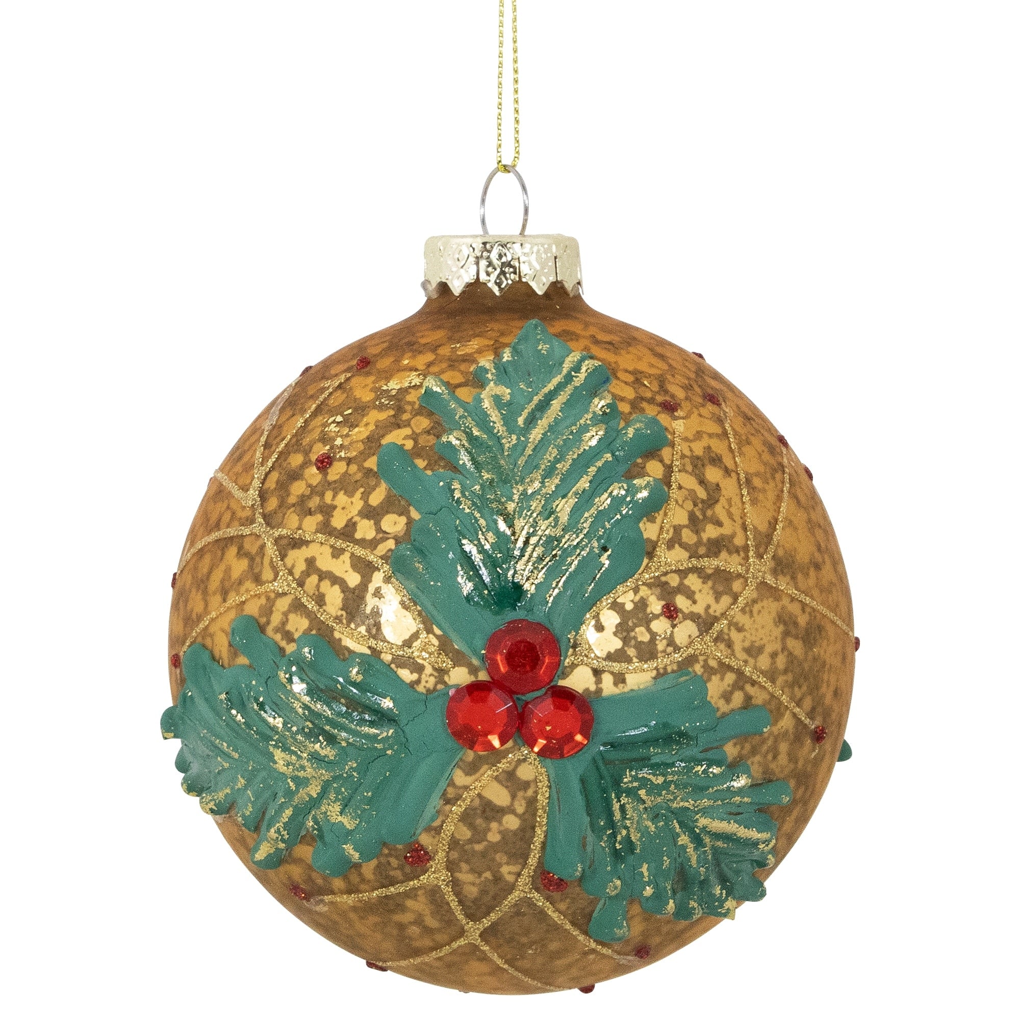 3.9 Gold Holly Berry With Red Gems Glass Christmas Ornament