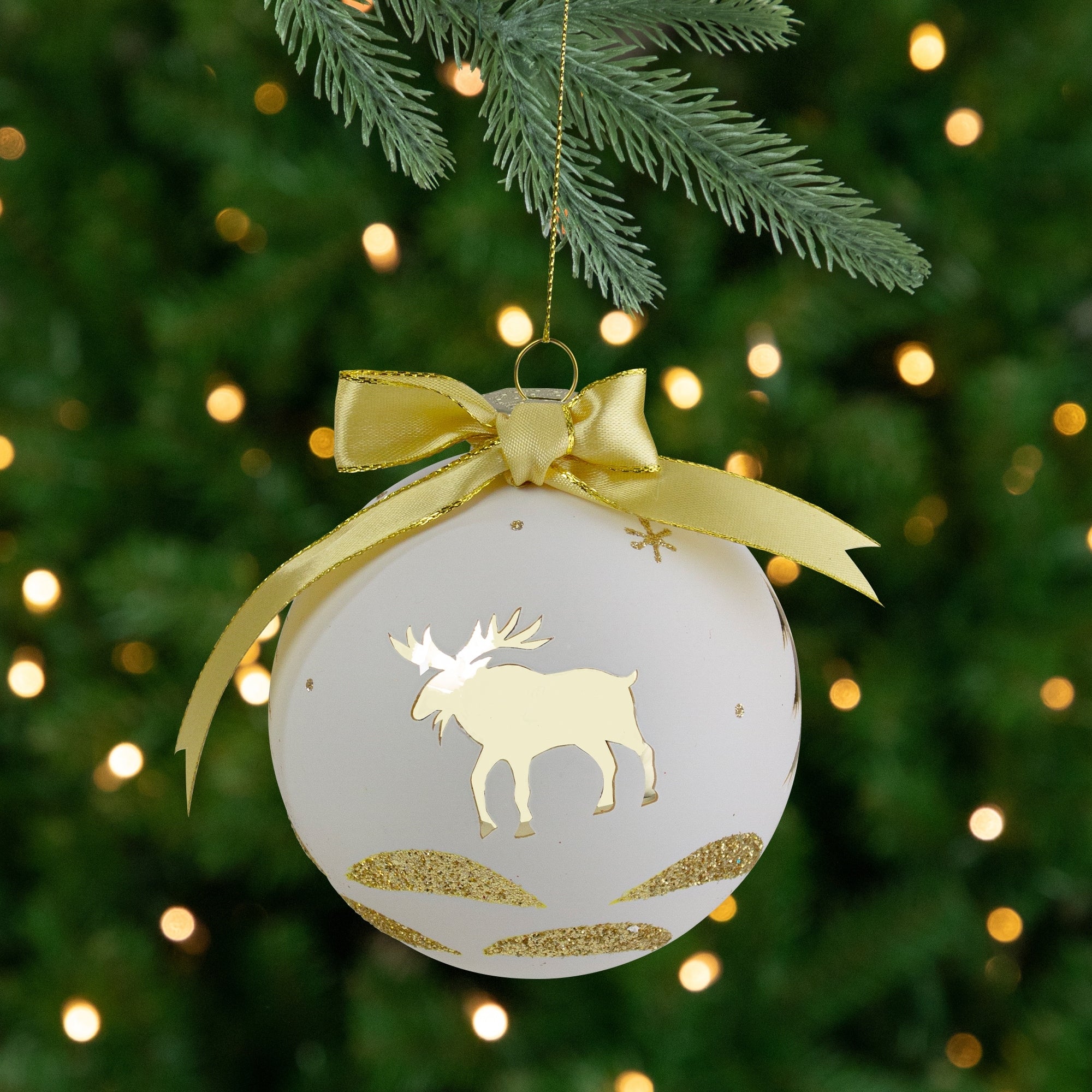 4 Gold And White Moose Christmas Ball Ornament