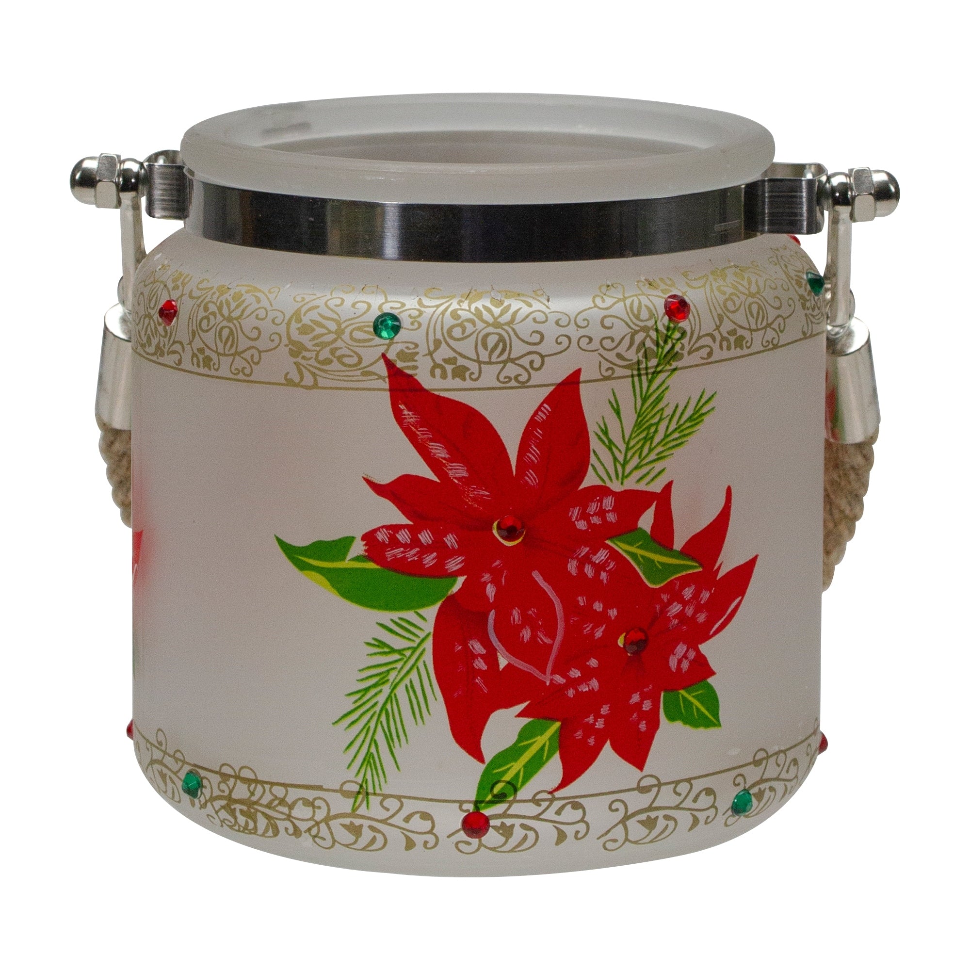 4 Hand Painted Red Poinsettias And Gold Flameless Glass Christmas Candle Holder