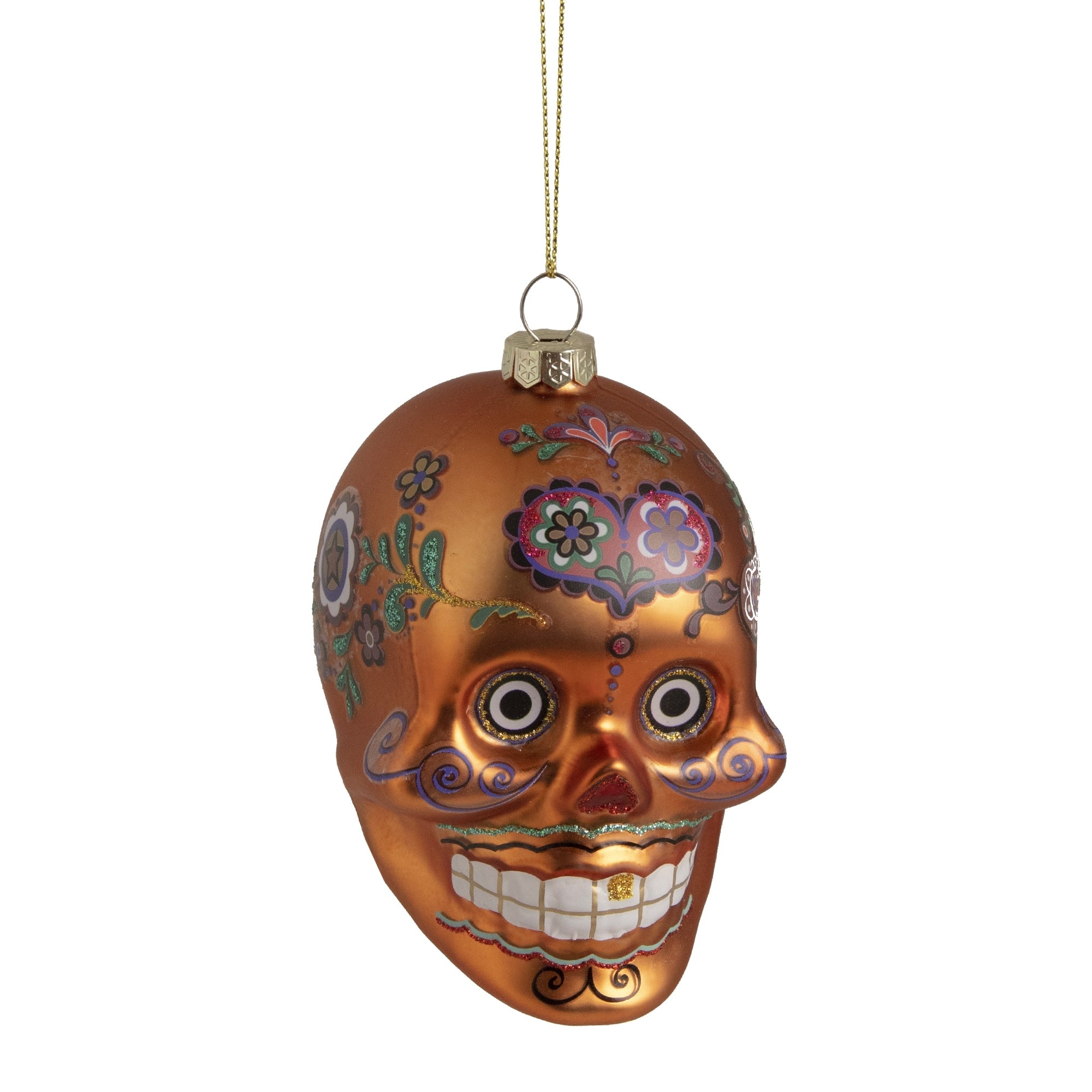 4 Day Of The Dead Orange Glitter Embellished Skull Halloween Christmas Ornament