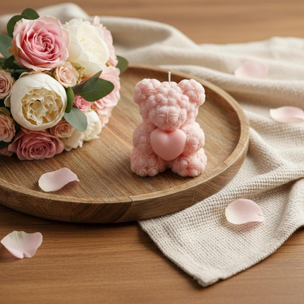 4 Pink Wild Honeysuckle Scented Dimensional Teddy Bear Candle