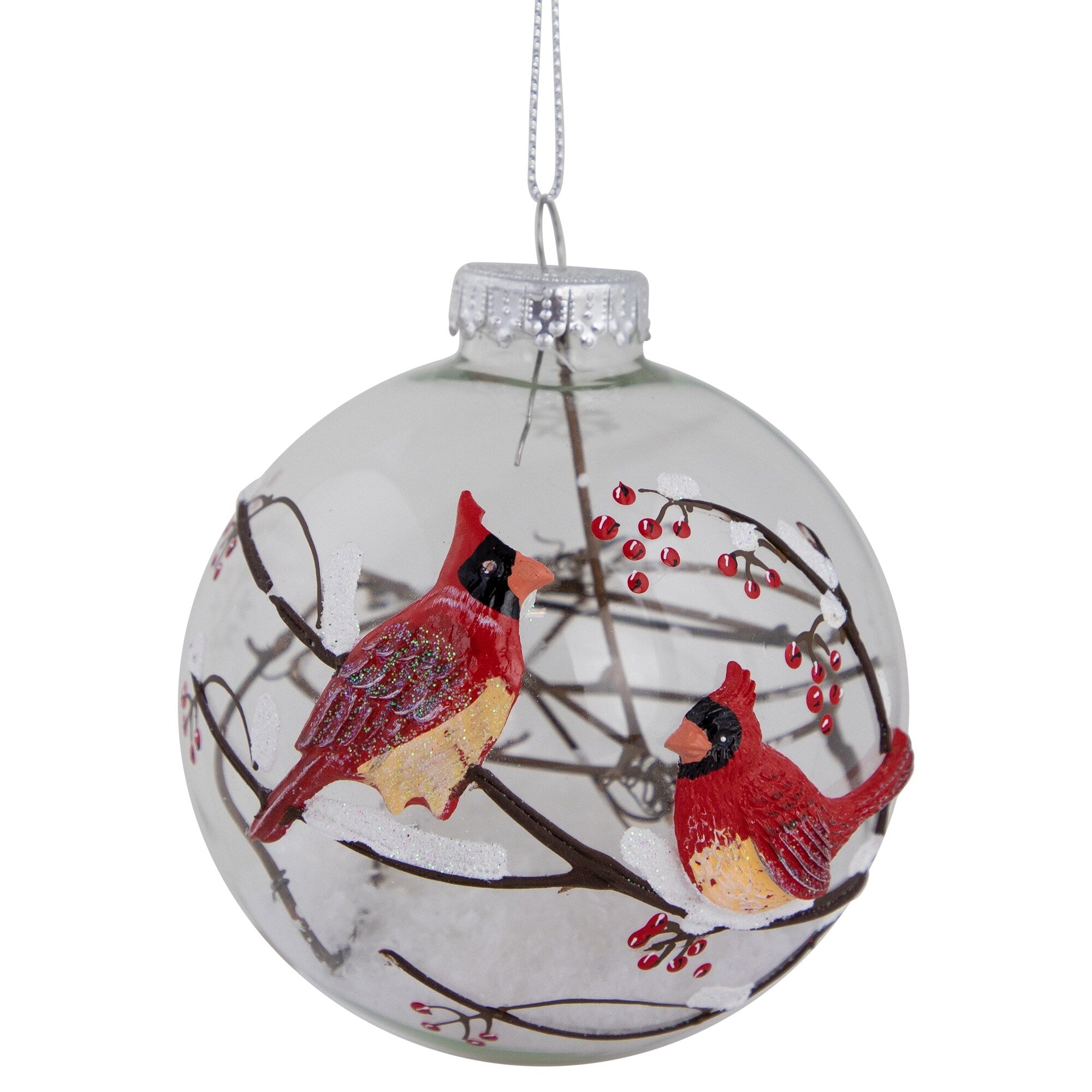 Branch And Snow Filled Glass Ball Ornament With Red Cardinals Christmas Ornament 4 100 Mm Clear